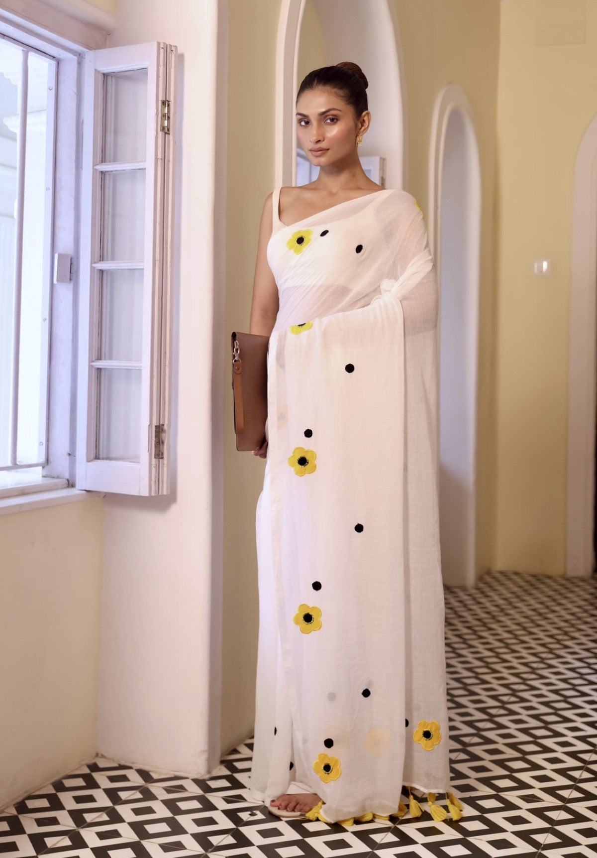 White Mulmul Cotton Saree with Floral Applique Work