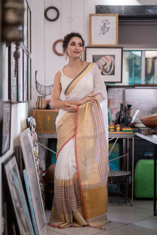 White half half linen saree with blouse piece