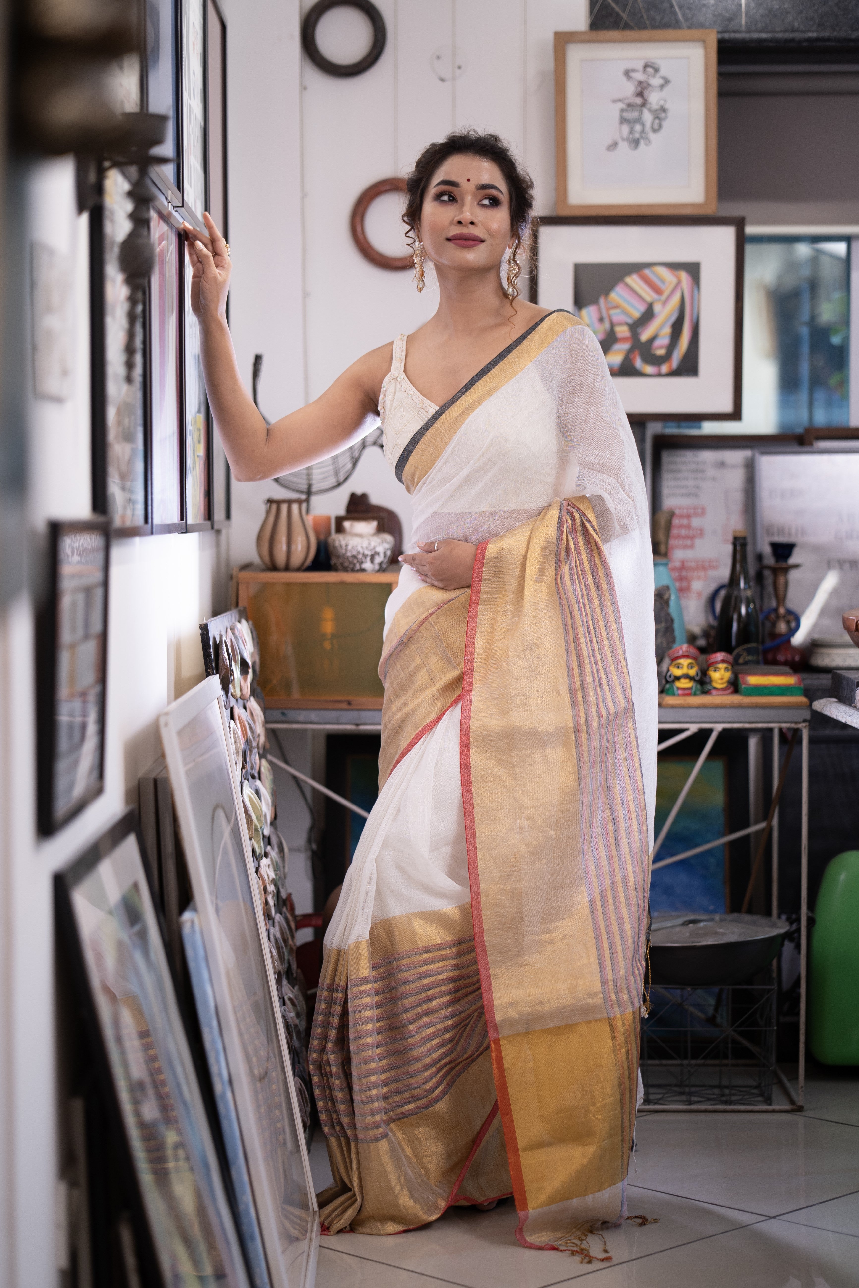 White half half linen saree