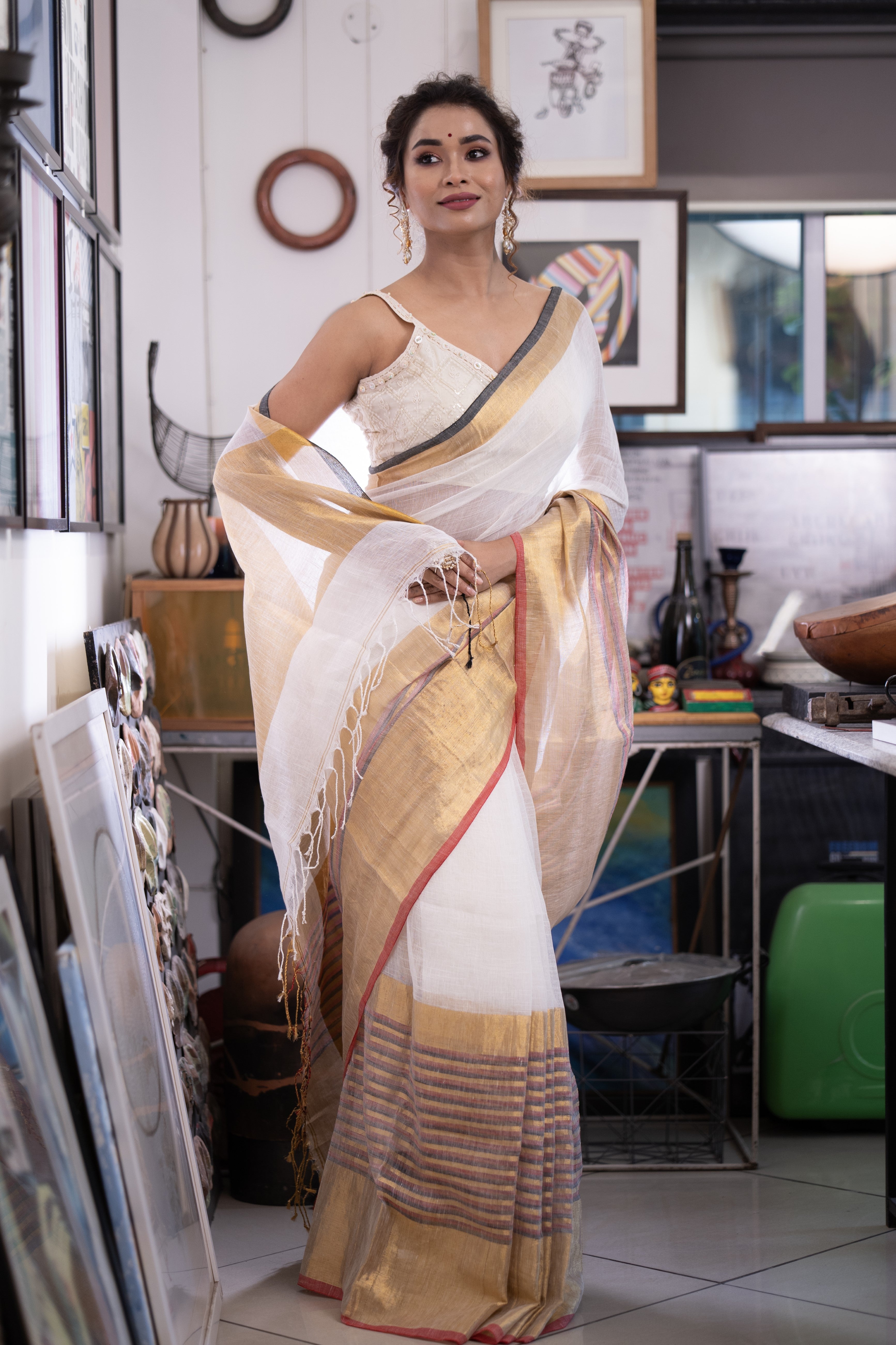 White half half linen saree