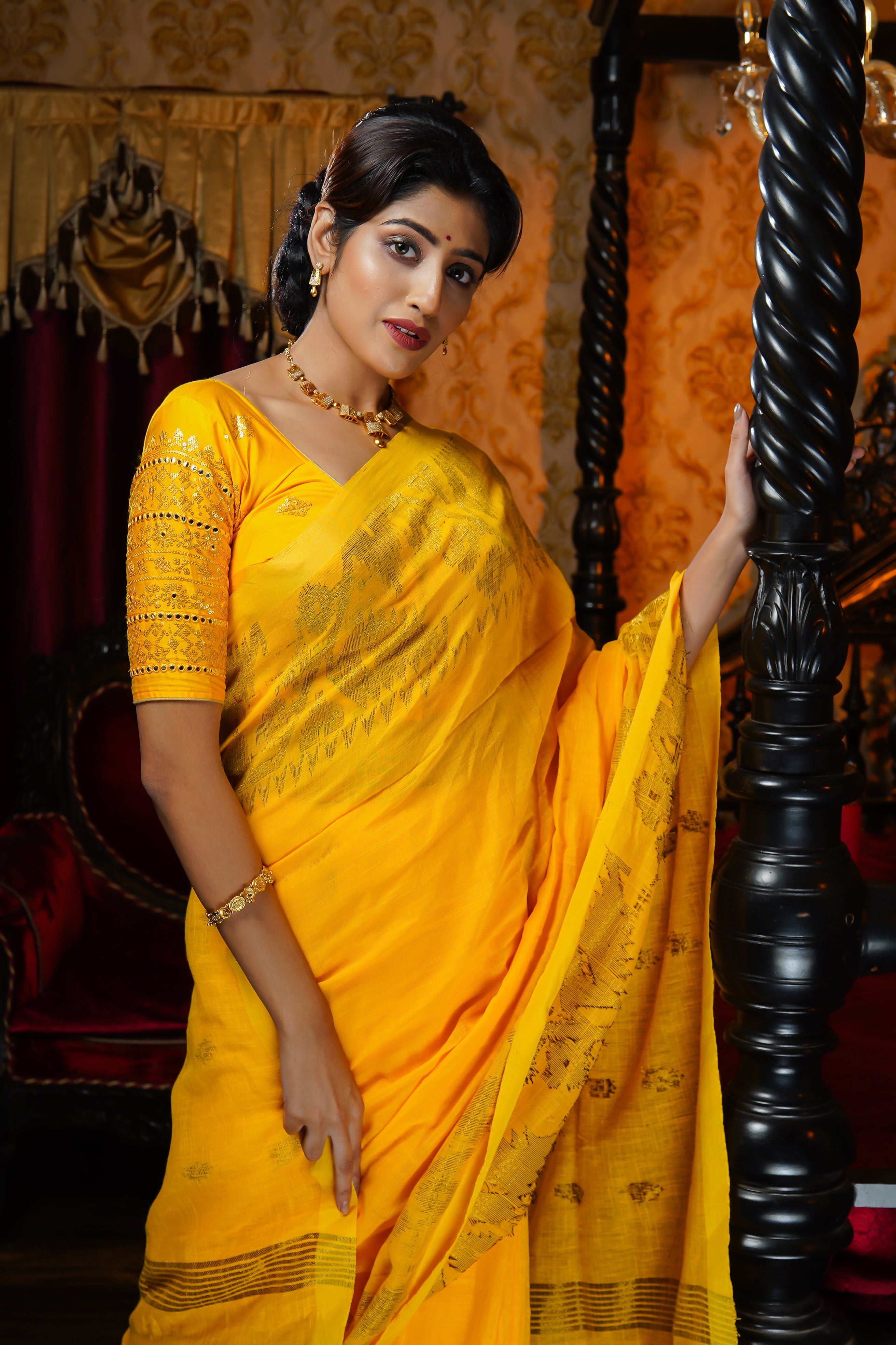 Yellow Karaat Pure Linen Handwoven Saree