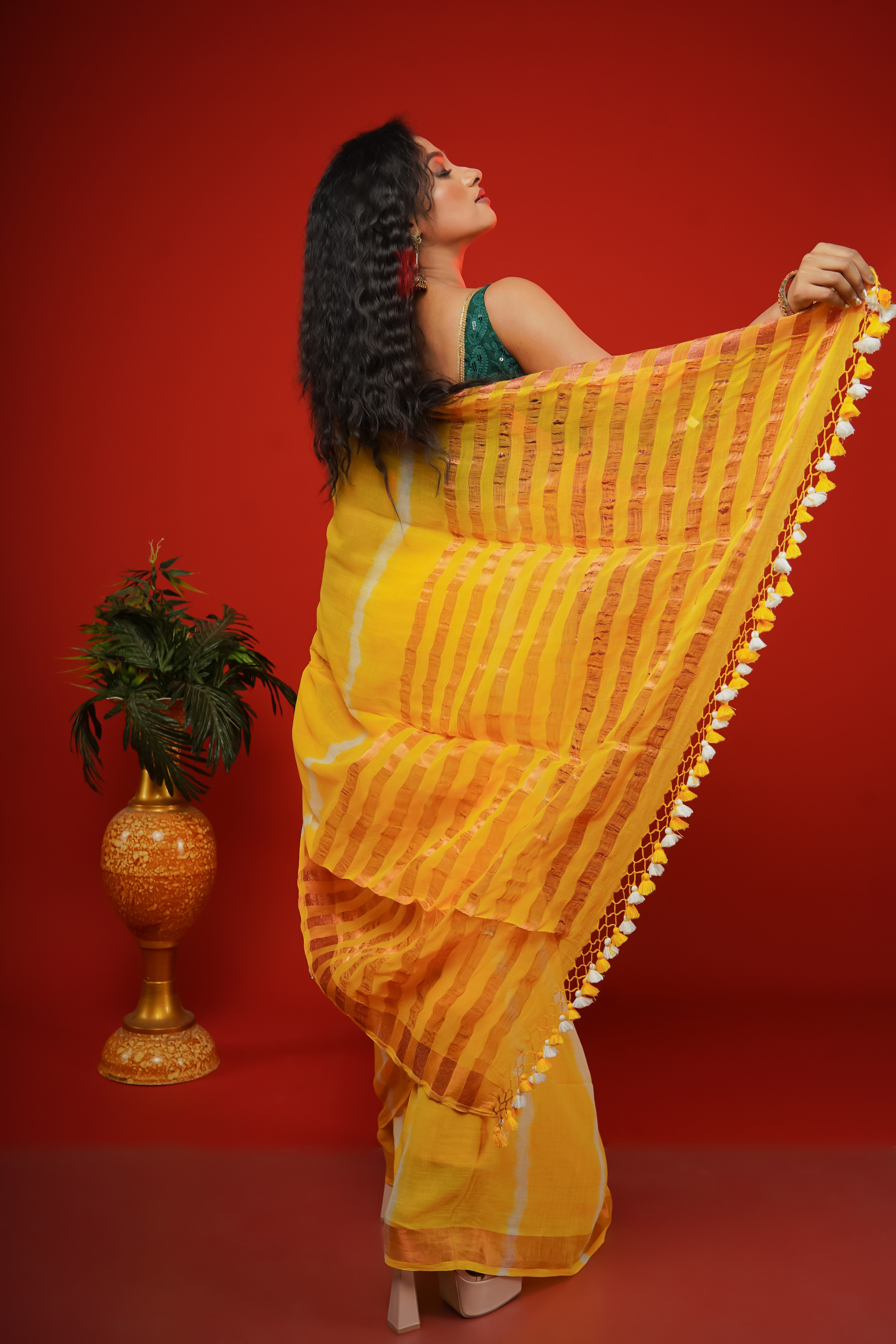Yellow Shibori Print Mulmul Cotton Saree