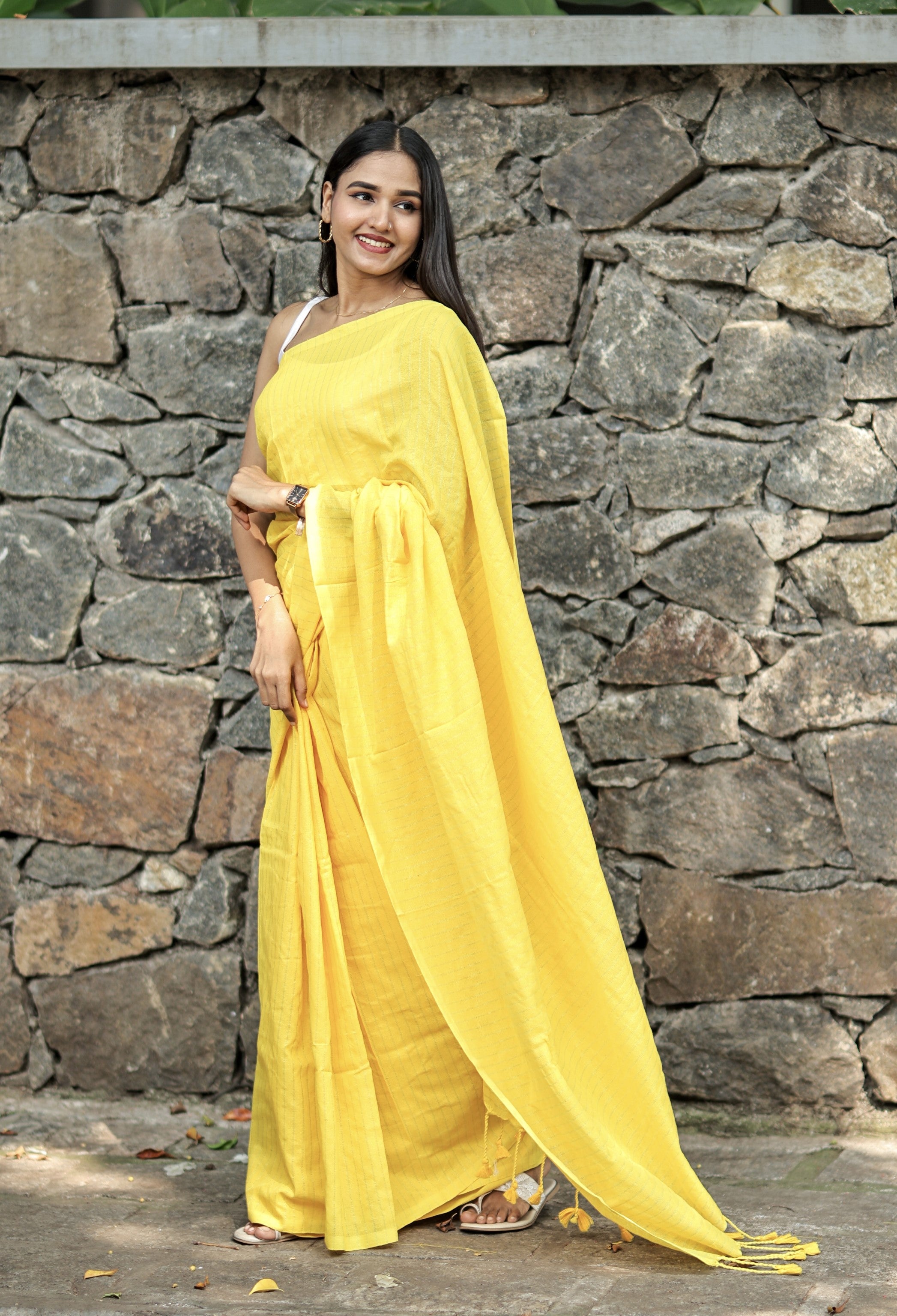 Yellow khadi Cotton Golden Striped Saree with blouse piece