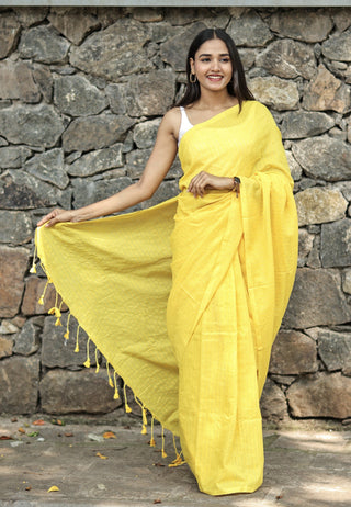Yellow khadi Cotton Golden Striped Saree with blouse piece