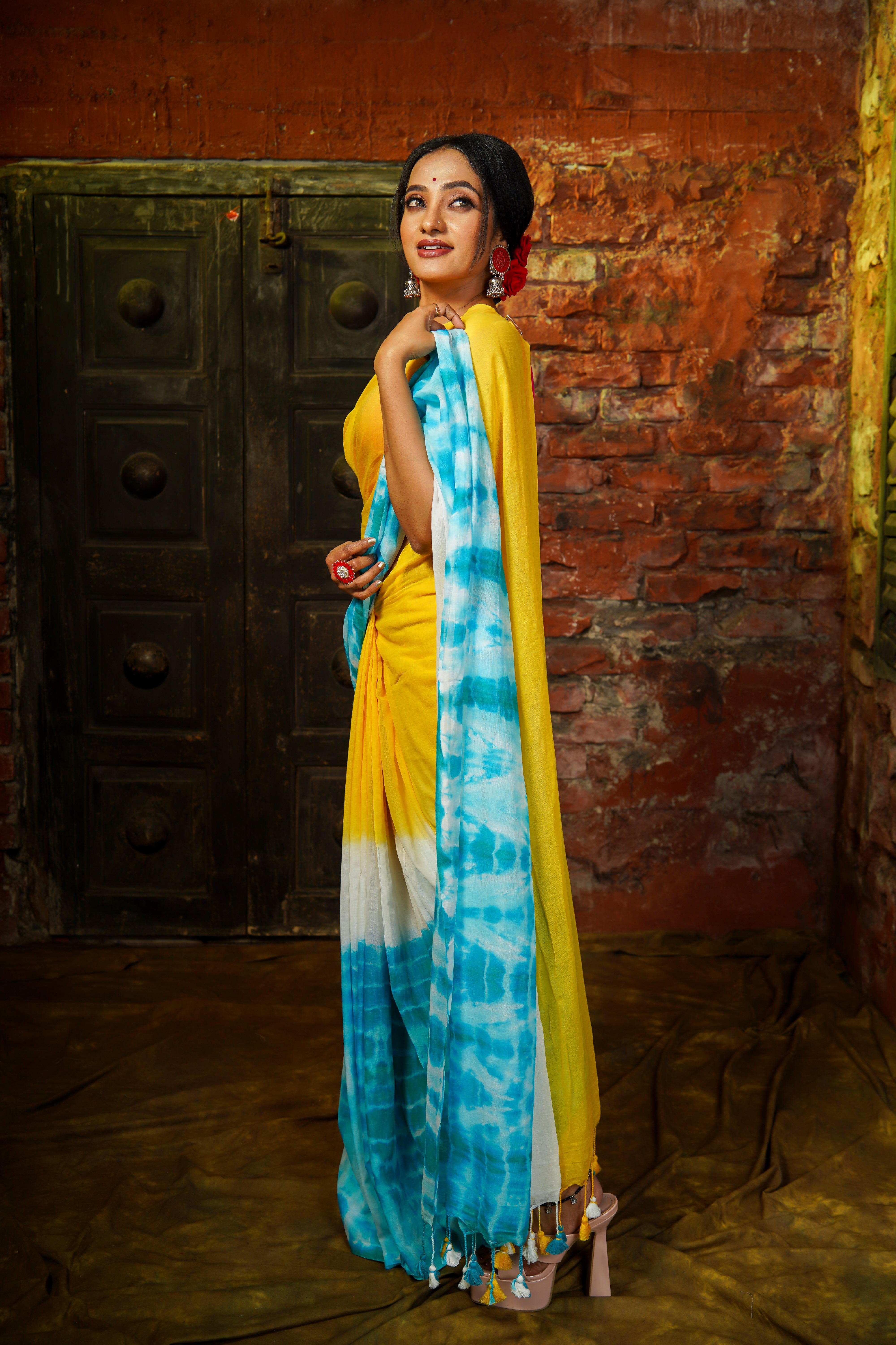 Riturang Yellow Multi Shibori Mul Mul Cotton Saree