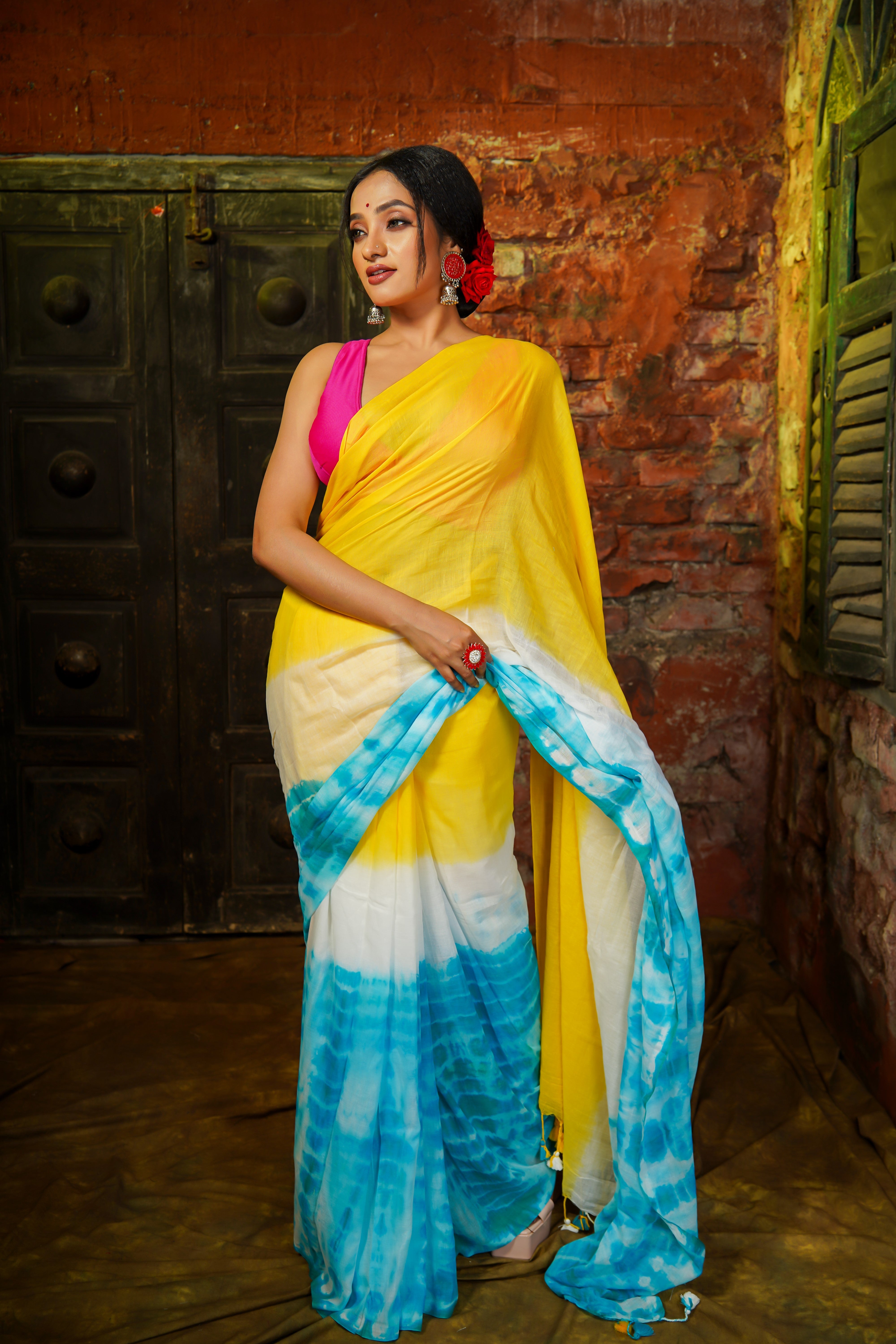 Riturang Yellow Multi Shibori Mul Mul Cotton Saree