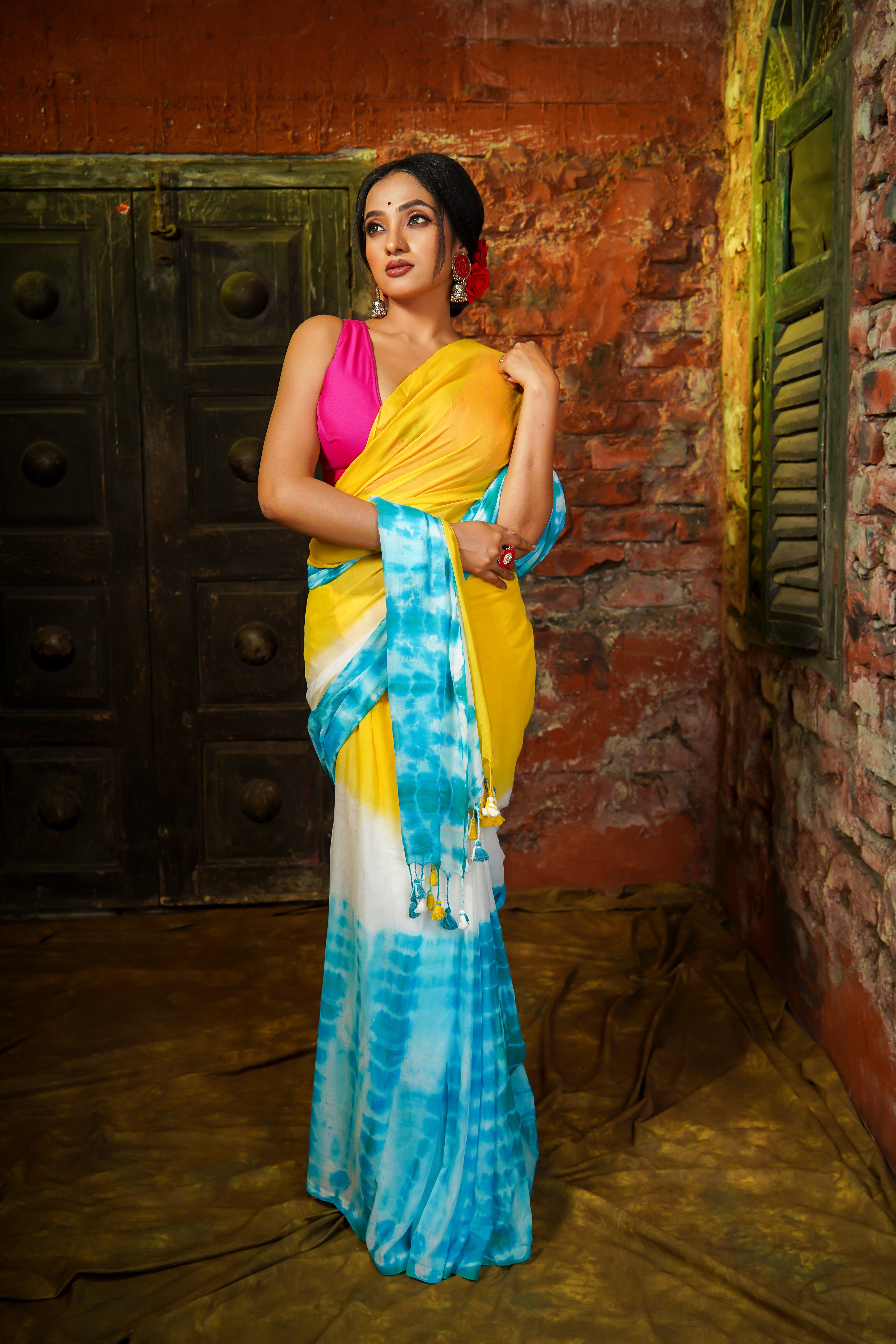 Riturang Yellow Multi Shibori Mul Mul Cotton Saree