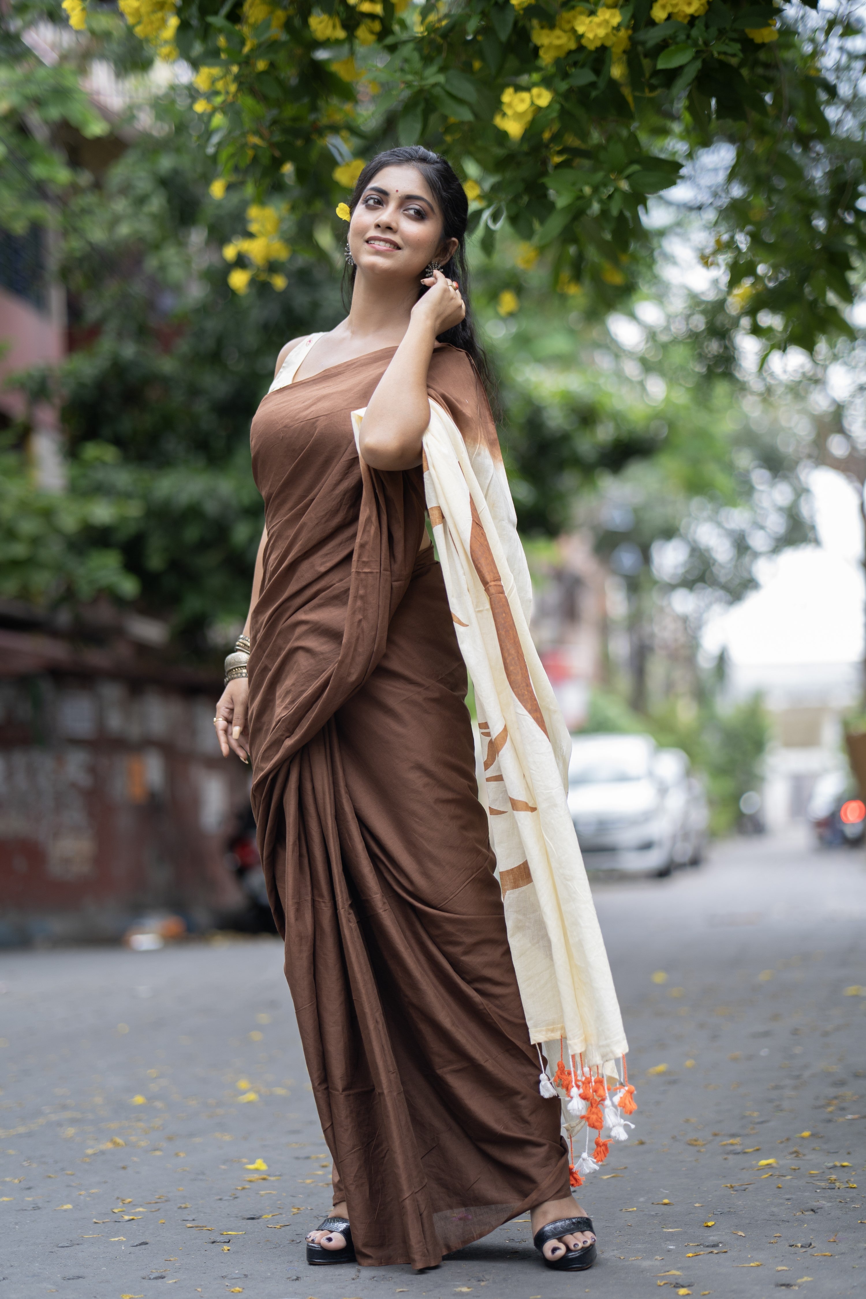 Bahare Brown Mulmul Cotton Saree