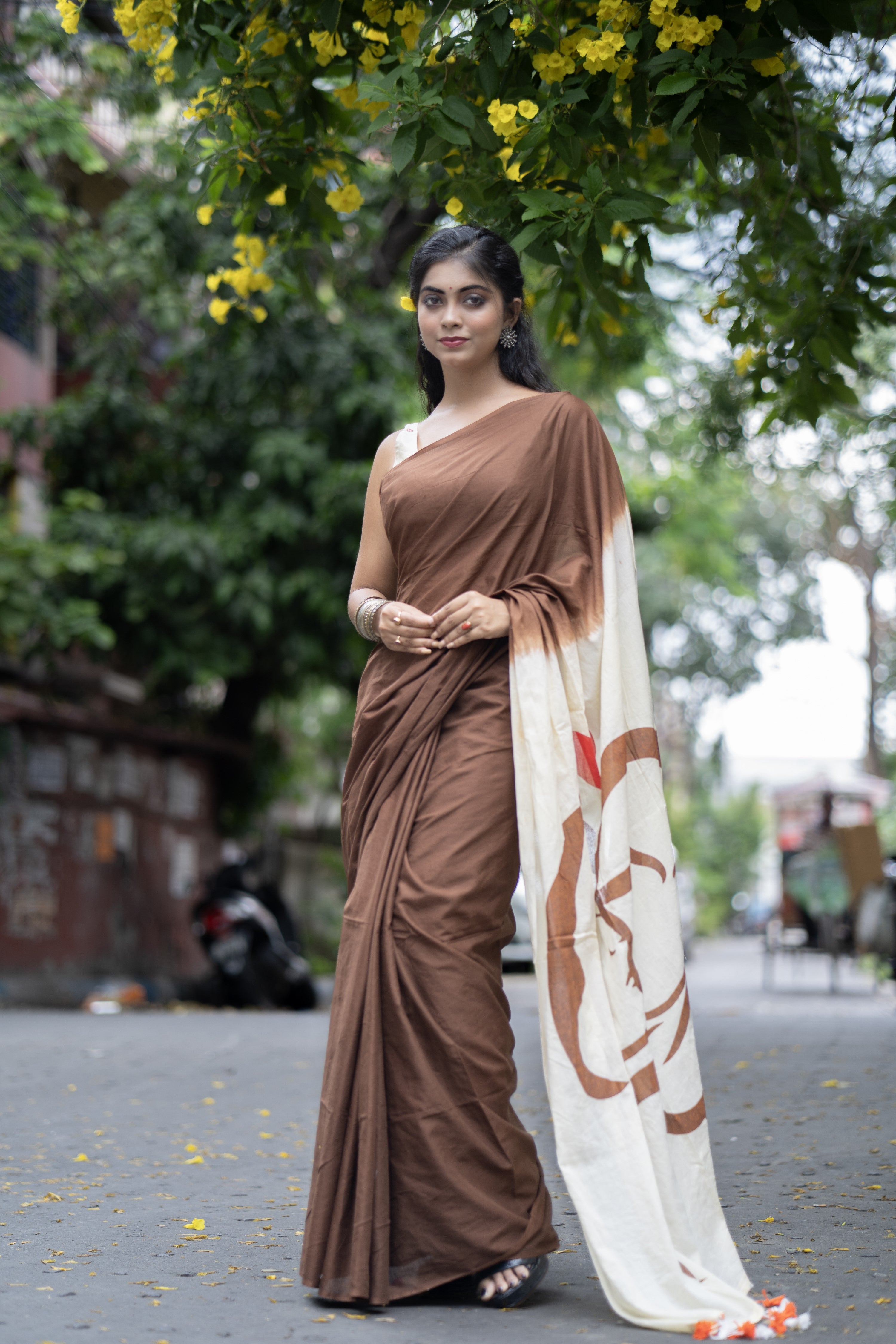Bahare Brown Mulmul Cotton Saree