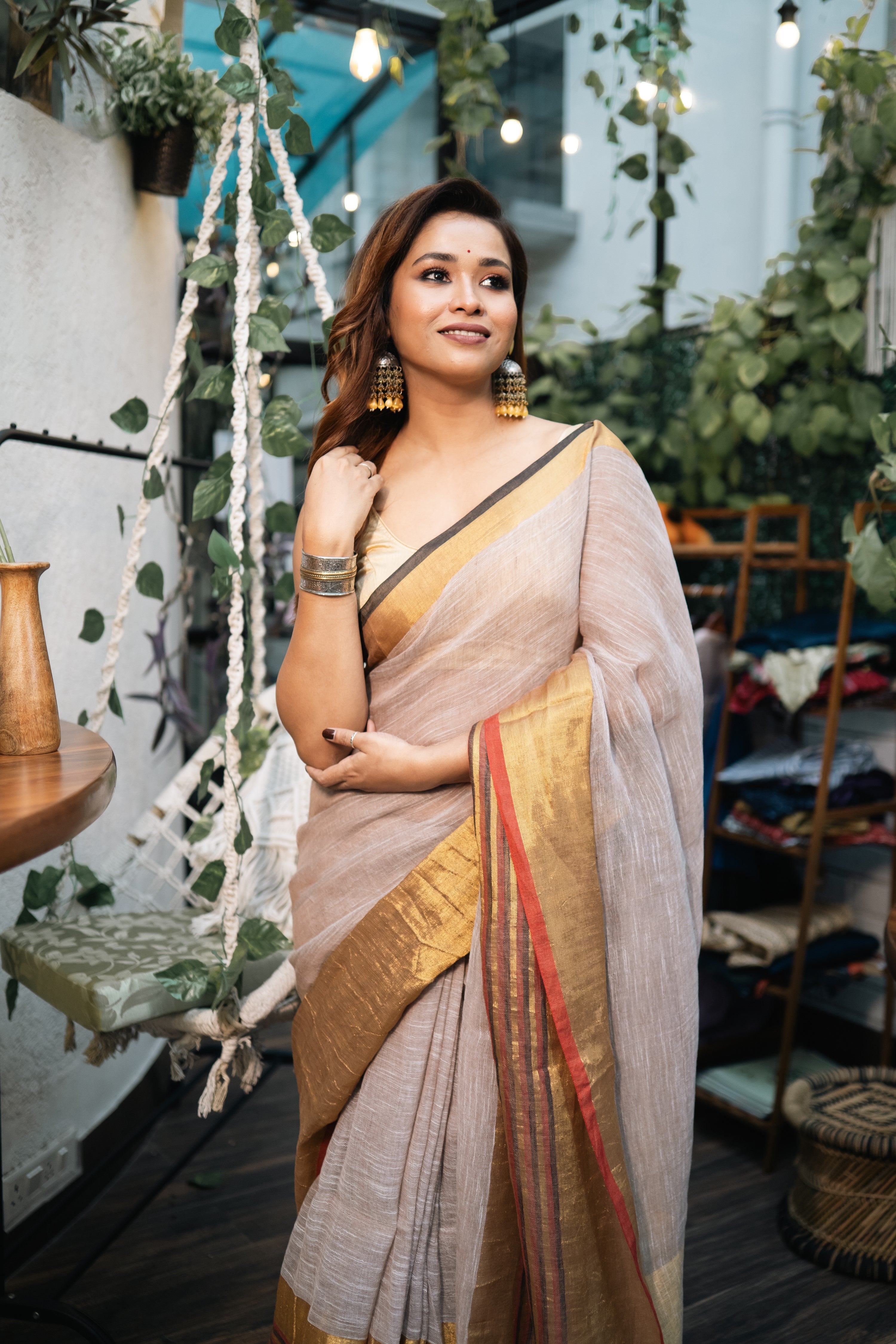 Beigh half half linen saree