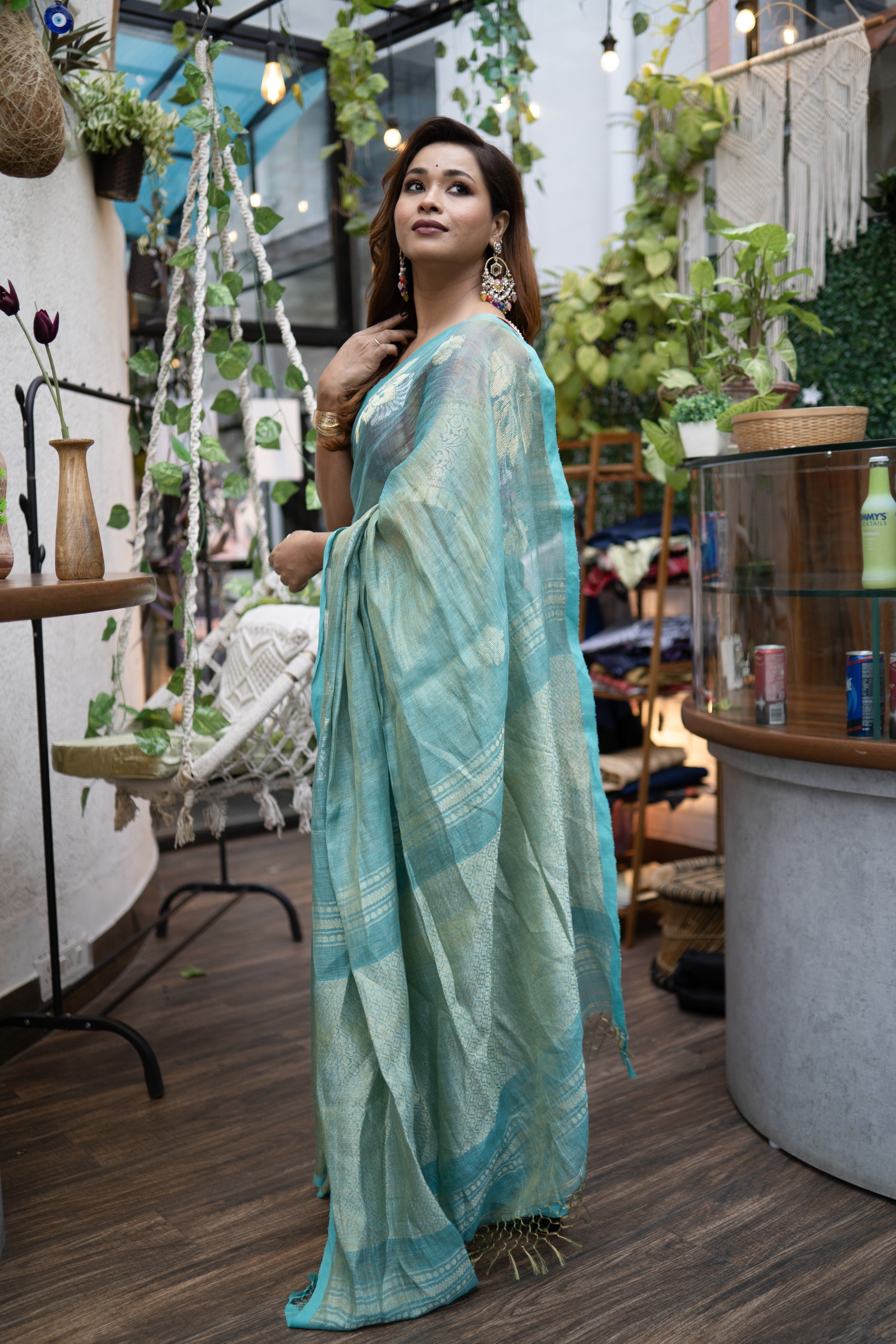 Cadet Blue flowers motive tissue linen saree