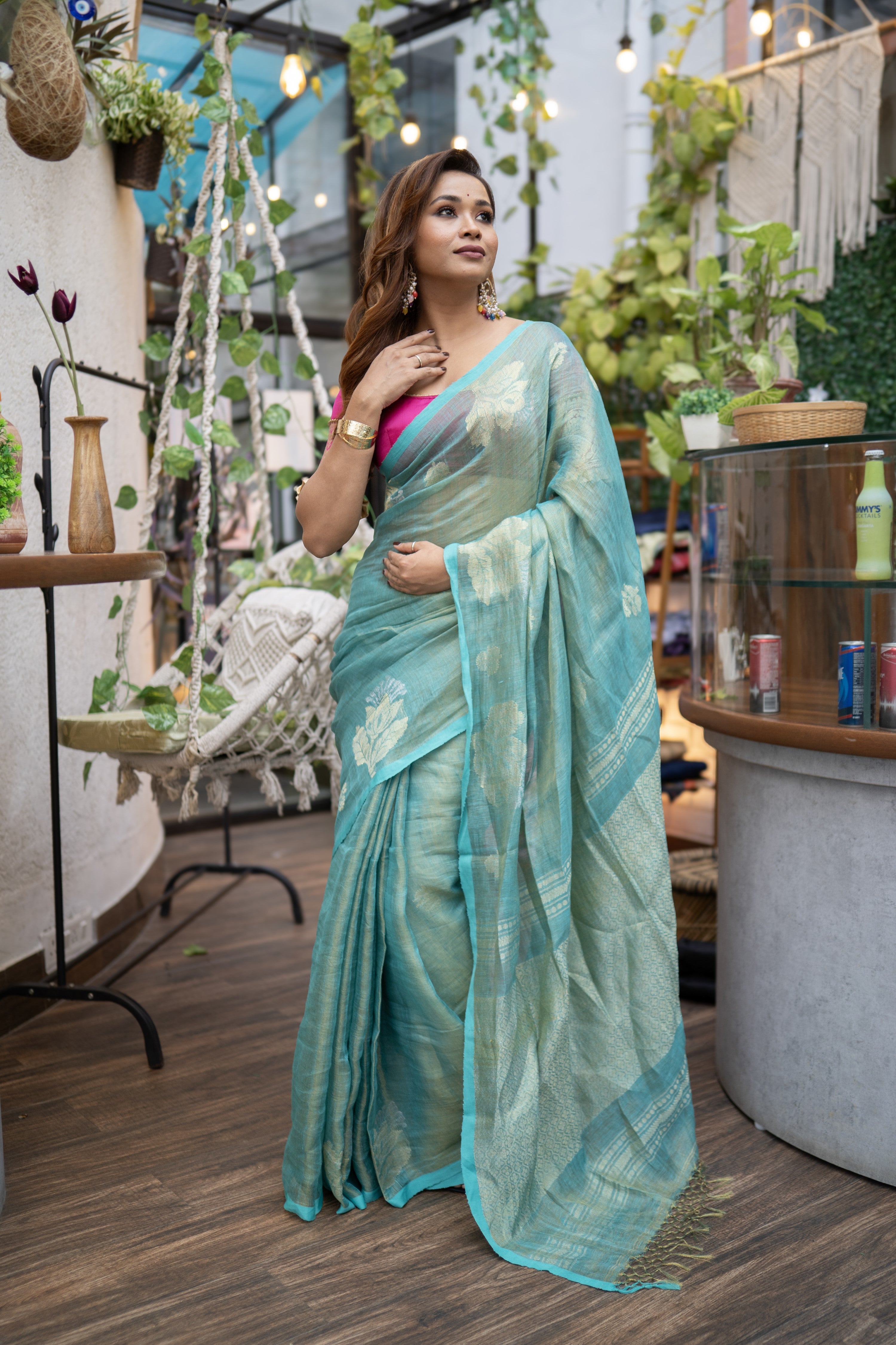 Cadet Blue flowers motive tissue linen saree