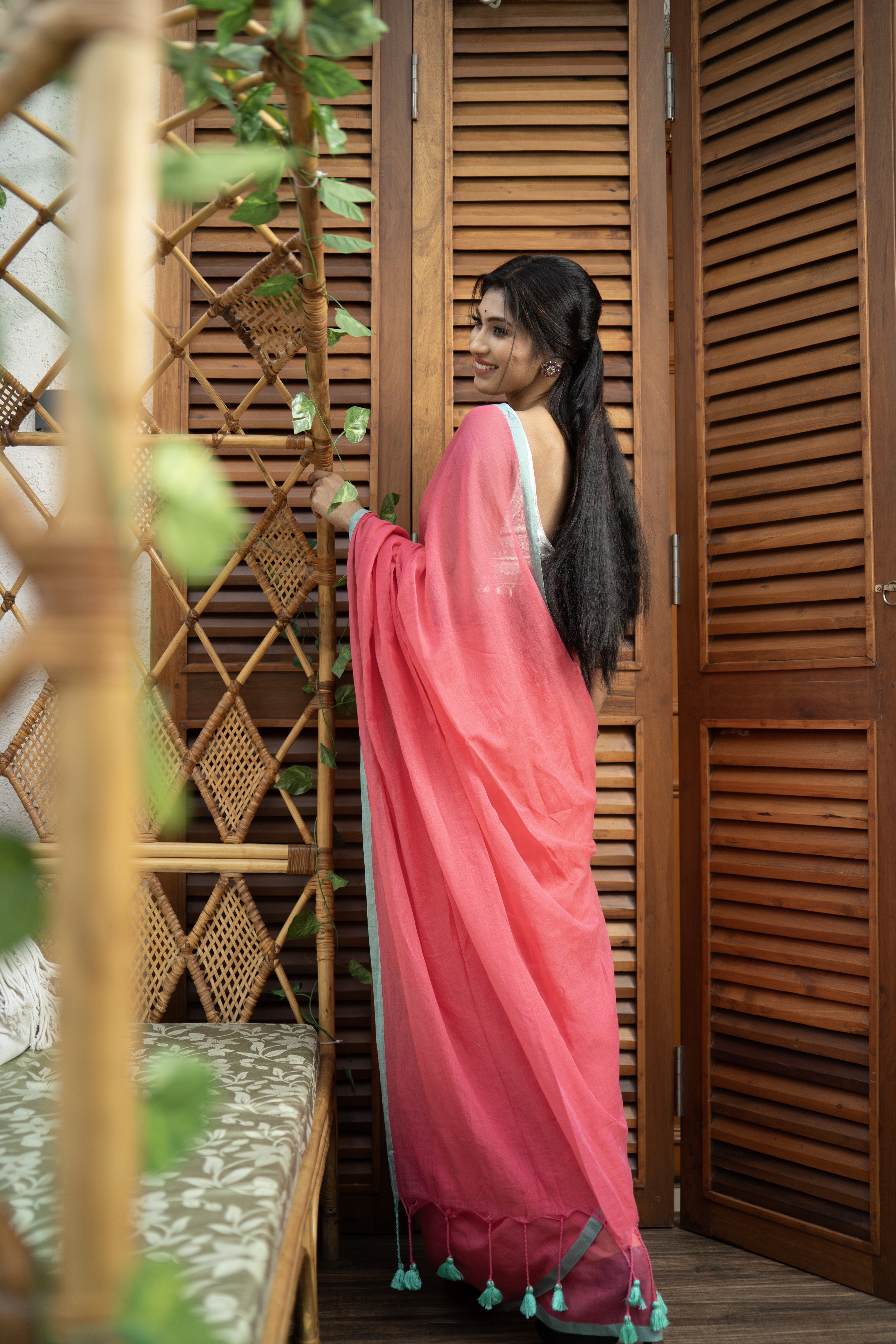 Flomingo Pink Mulmul Cotton Saree with blouse piece