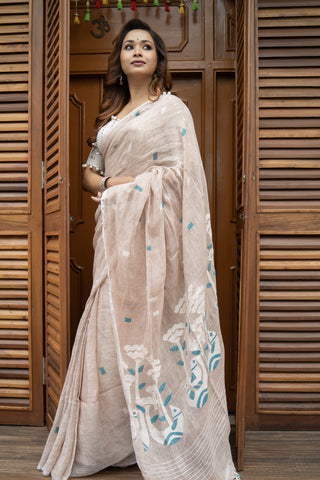 Frosted toffee bird hand weaving linen jamdani saree with blouse piece