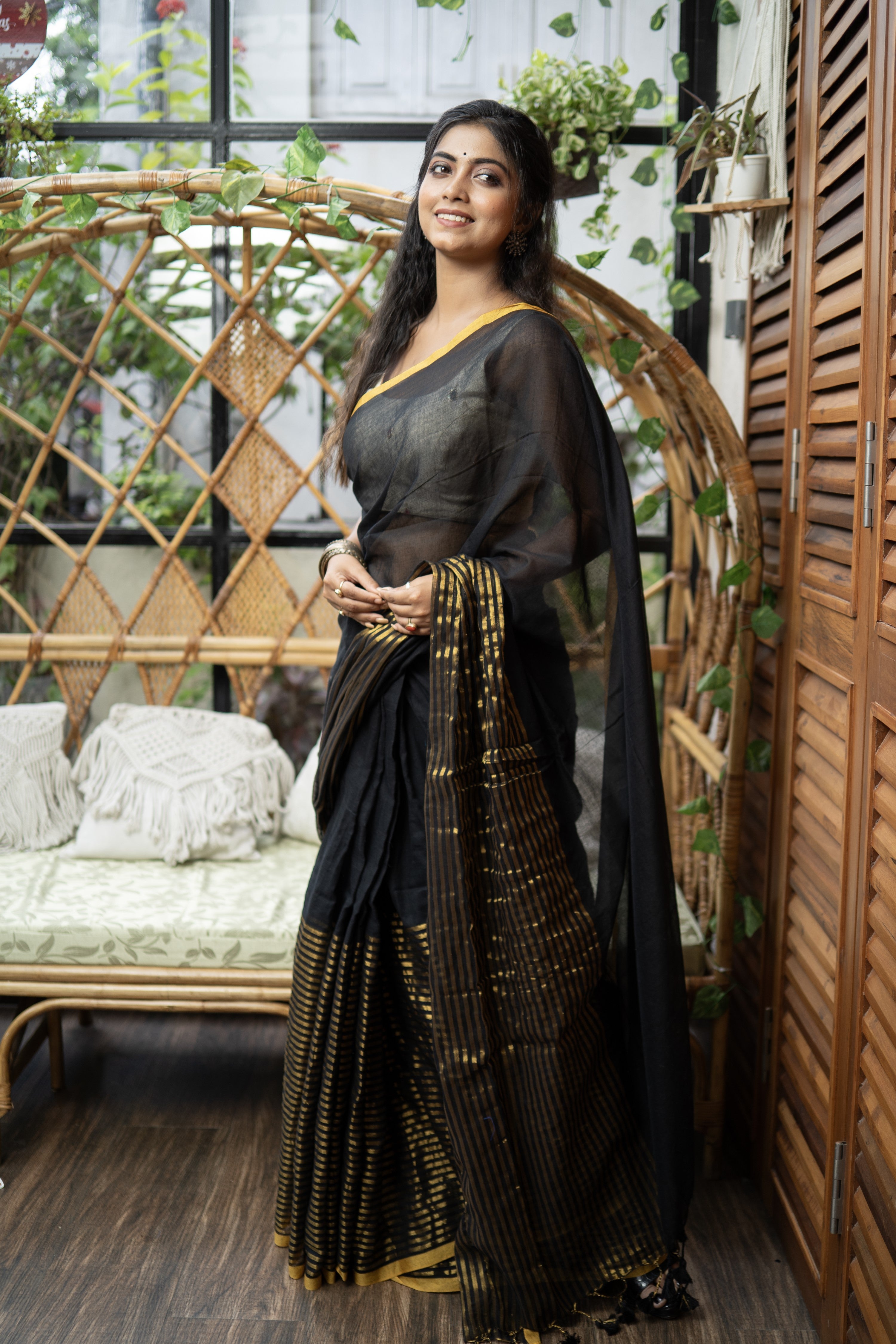 Black & golden half half mulmul cotton saree