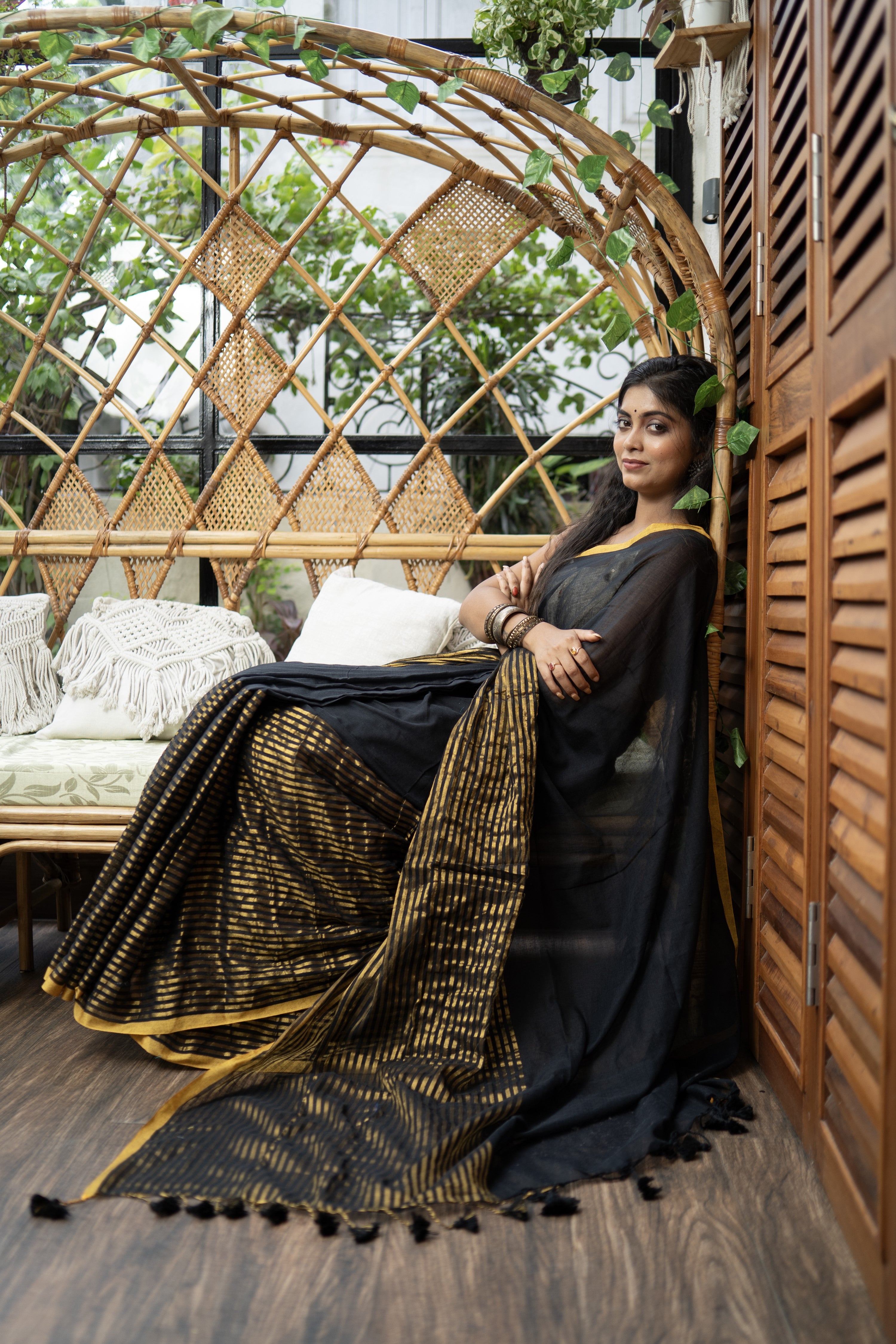 Black & golden half half mulmul cotton saree