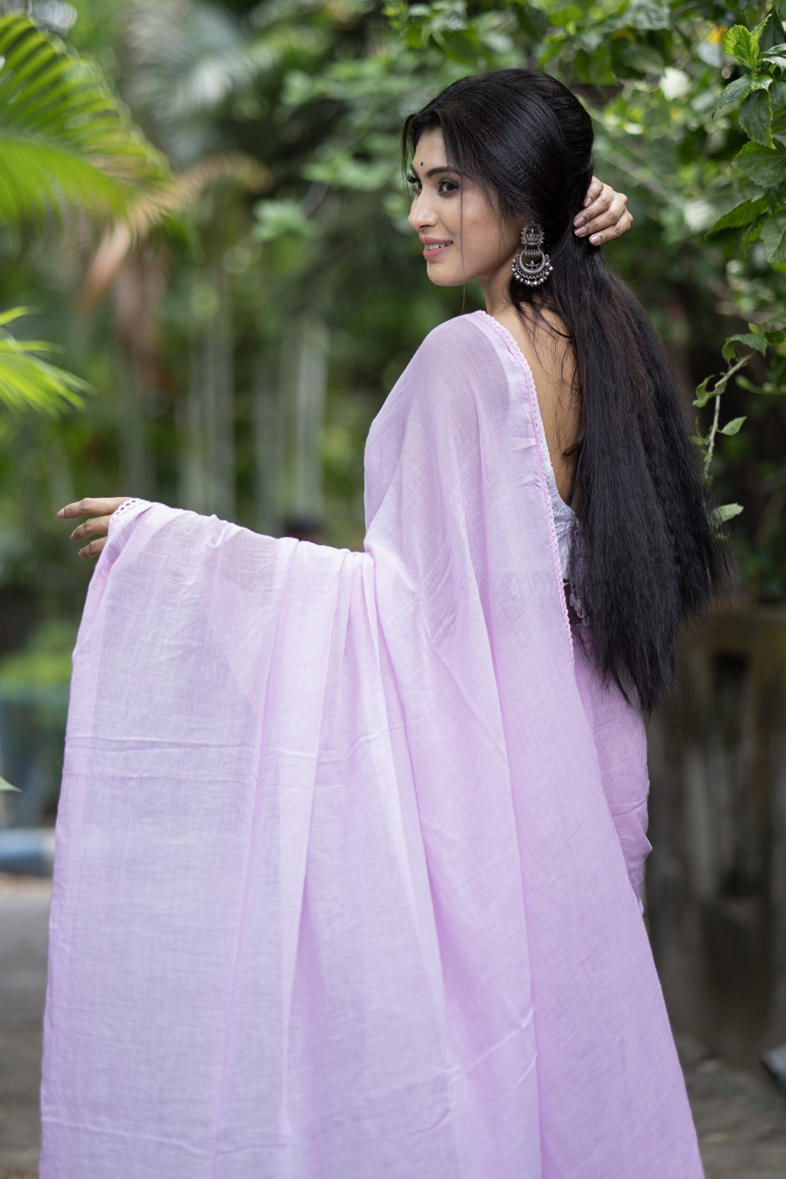 Lavender Rose Mul Cotton Saree with Embroidered Lace
