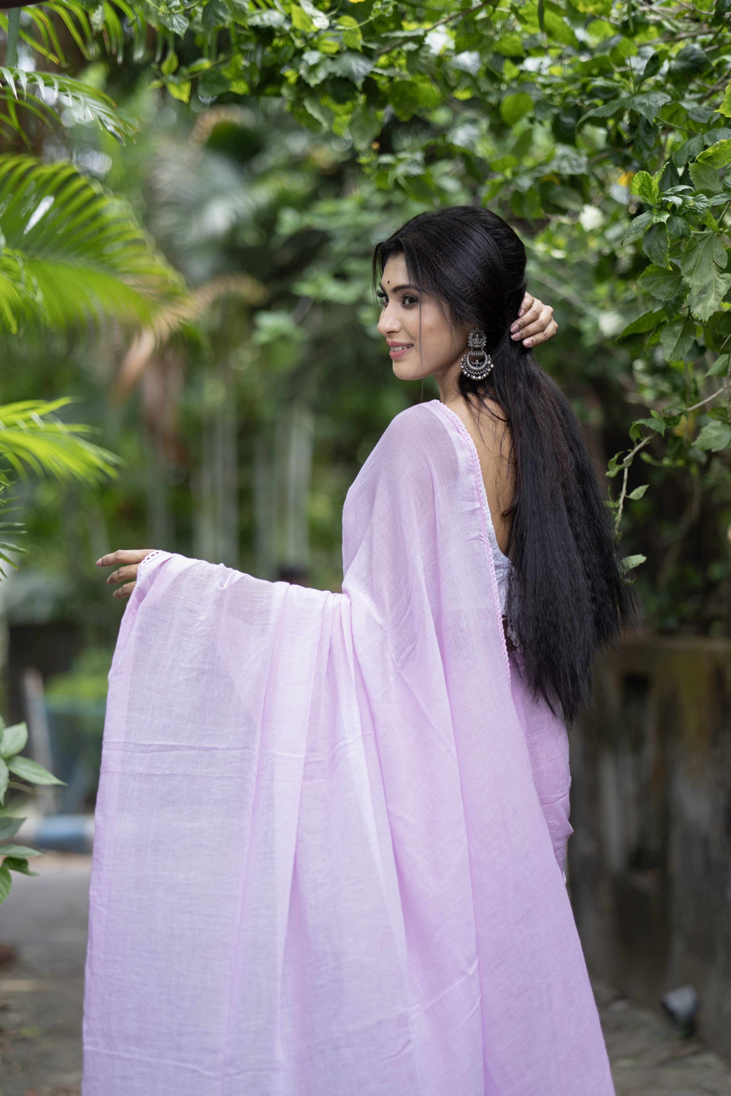 Lavender Rose Mul Cotton Saree with Embroidered Lace