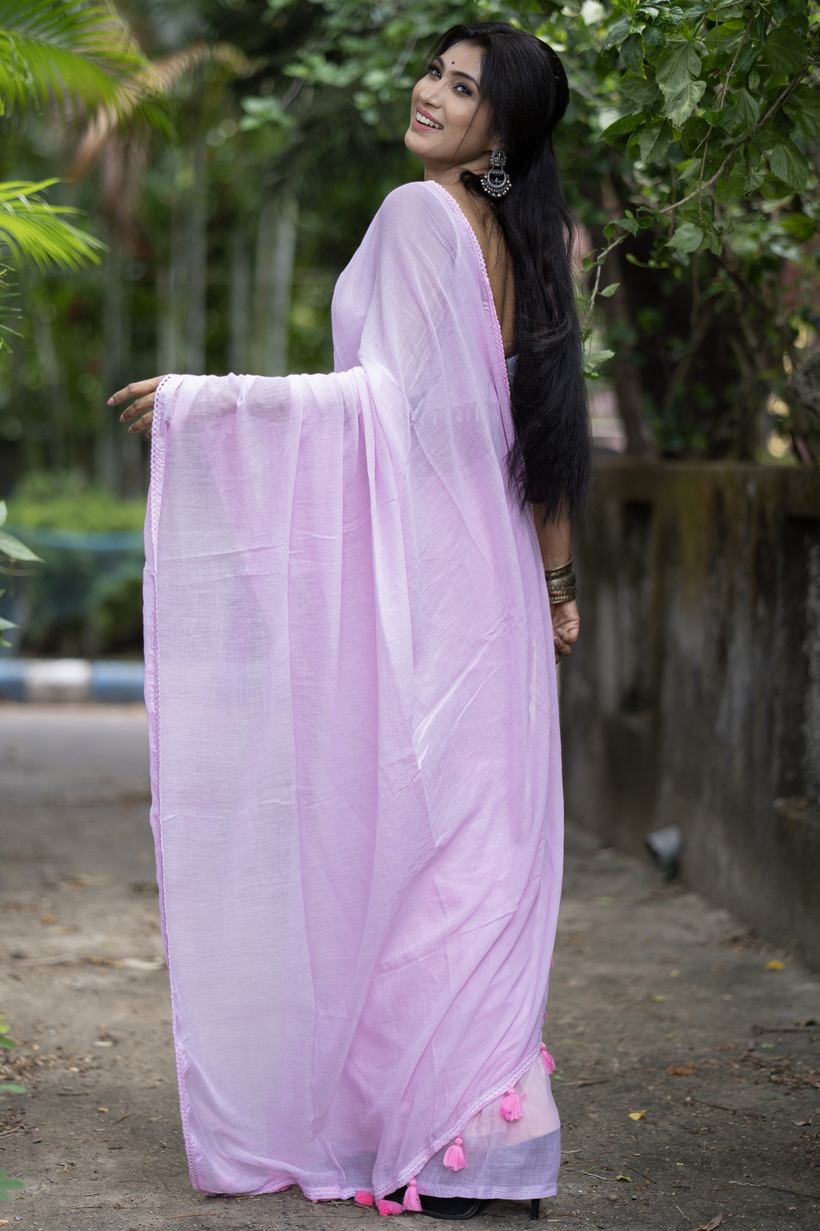 Lavender Rose Mul Cotton Saree with Embroidered Lace