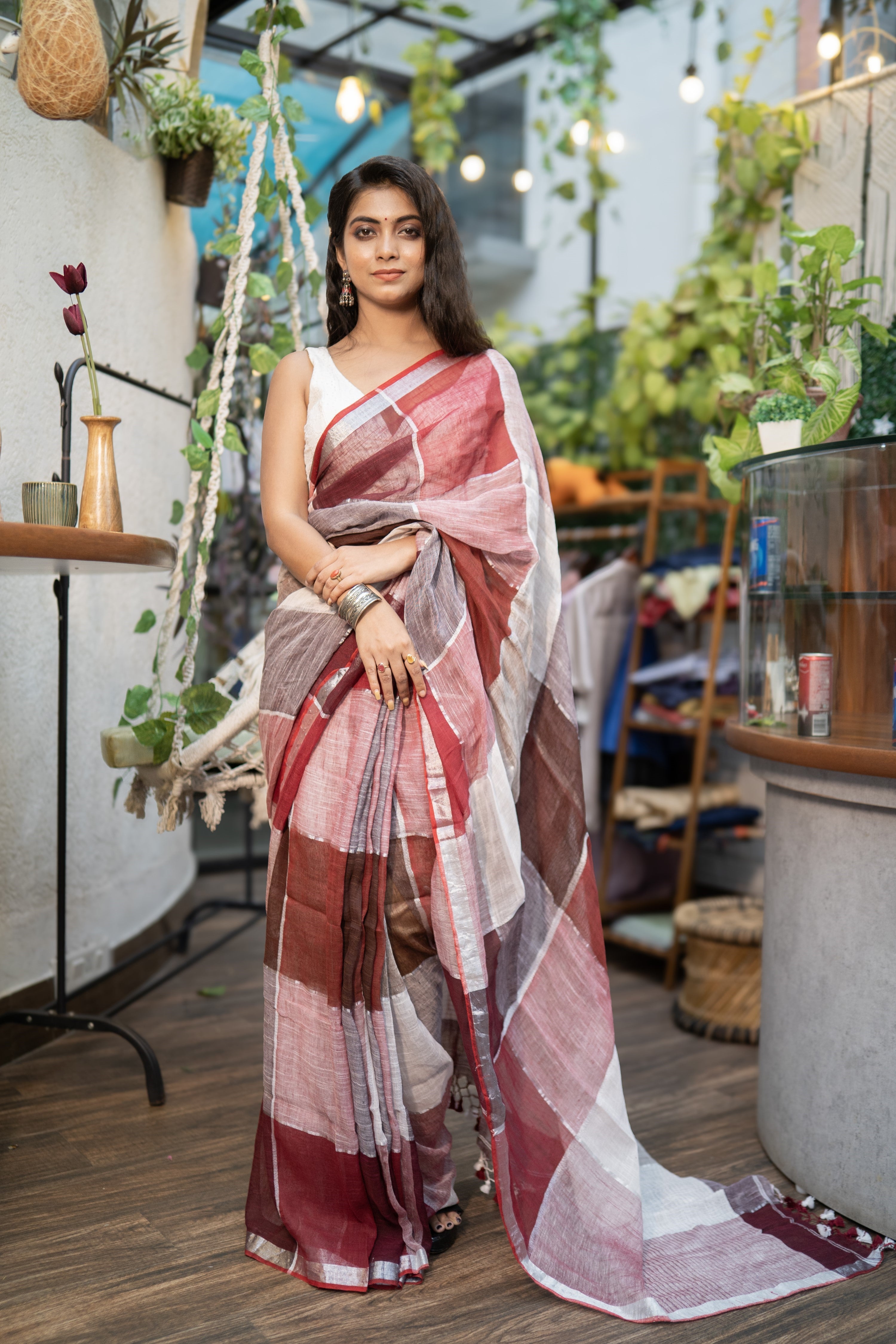 Maroon & red zari check linen saree