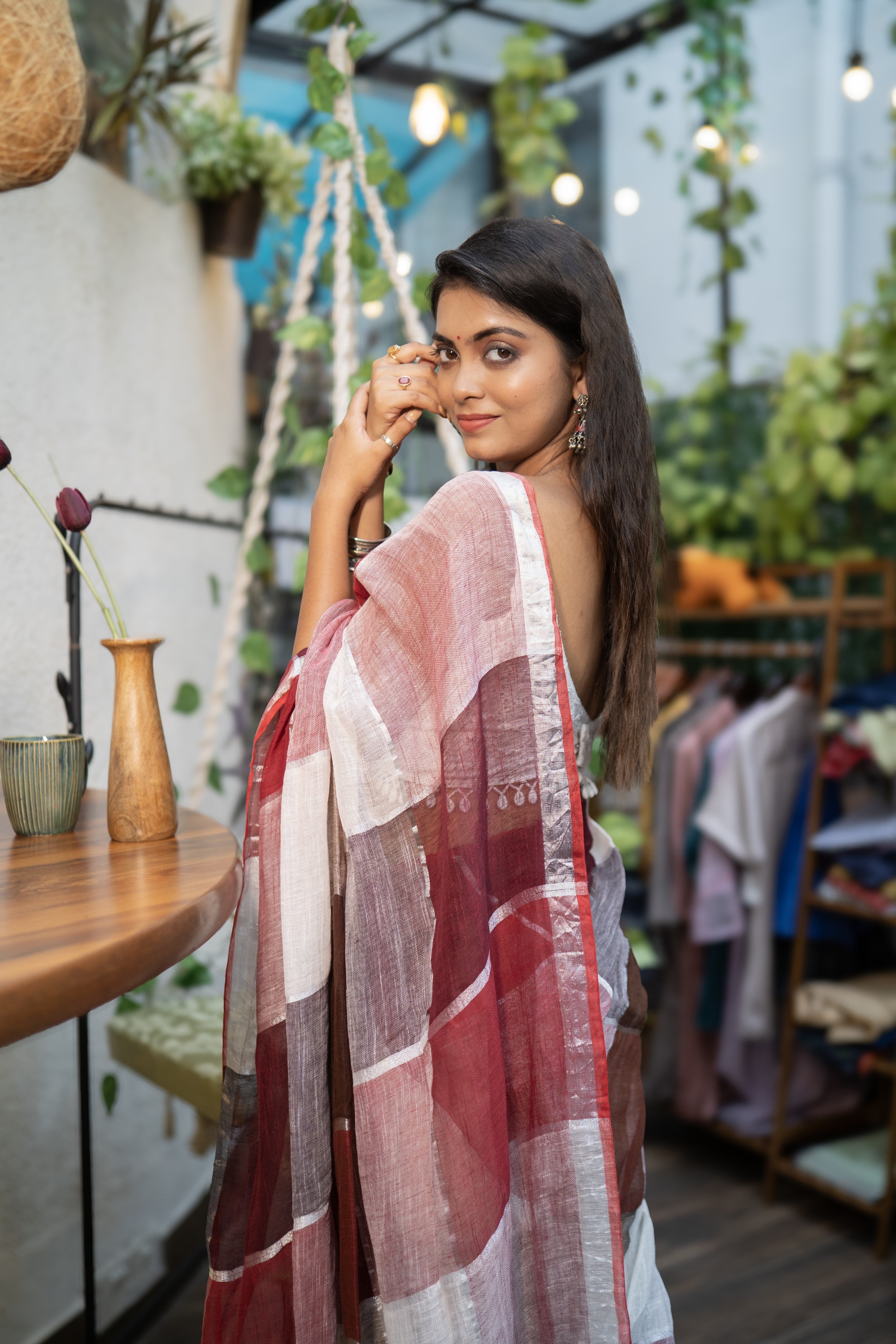 Maroon & red zari check linen saree