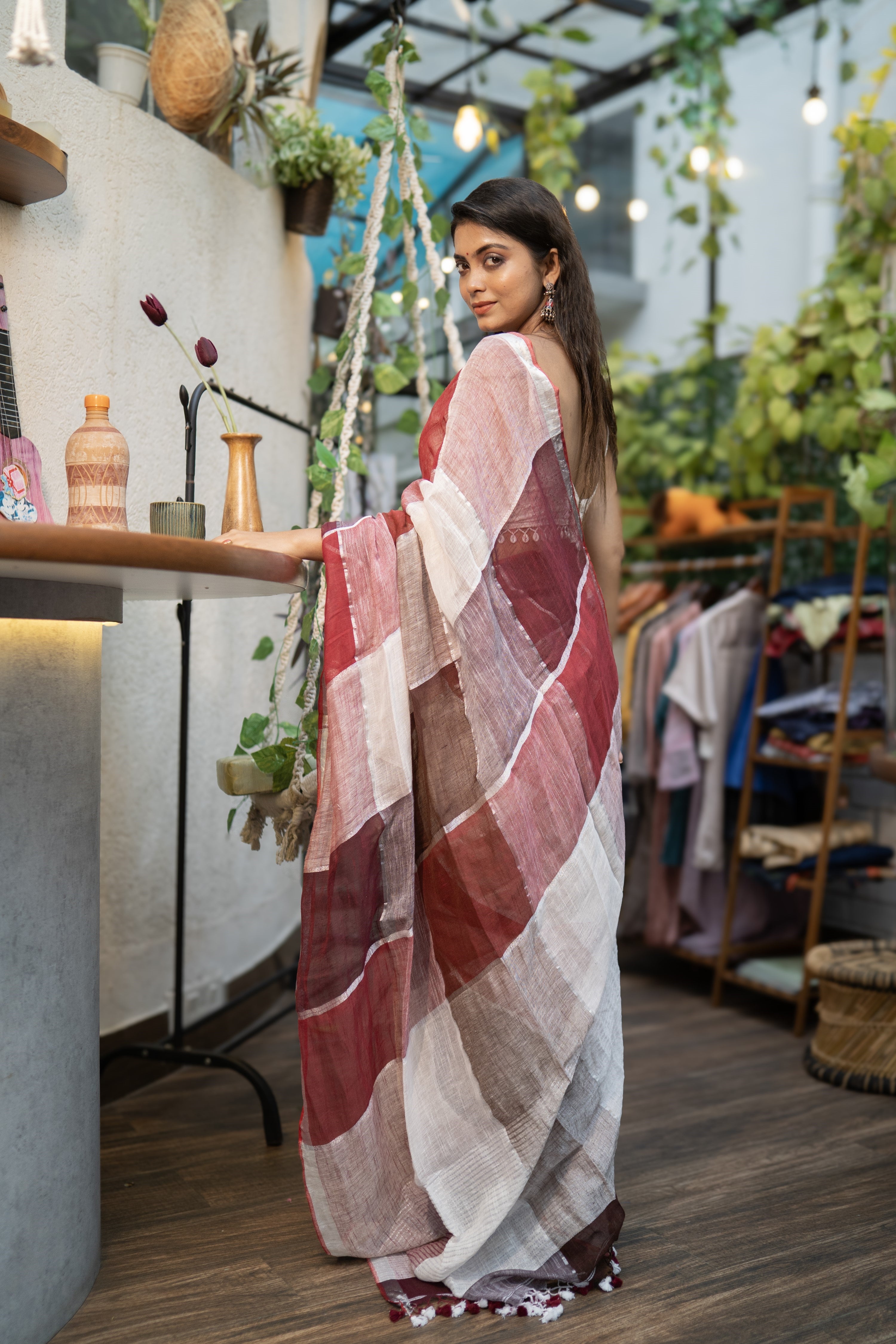 Maroon & red zari check linen saree