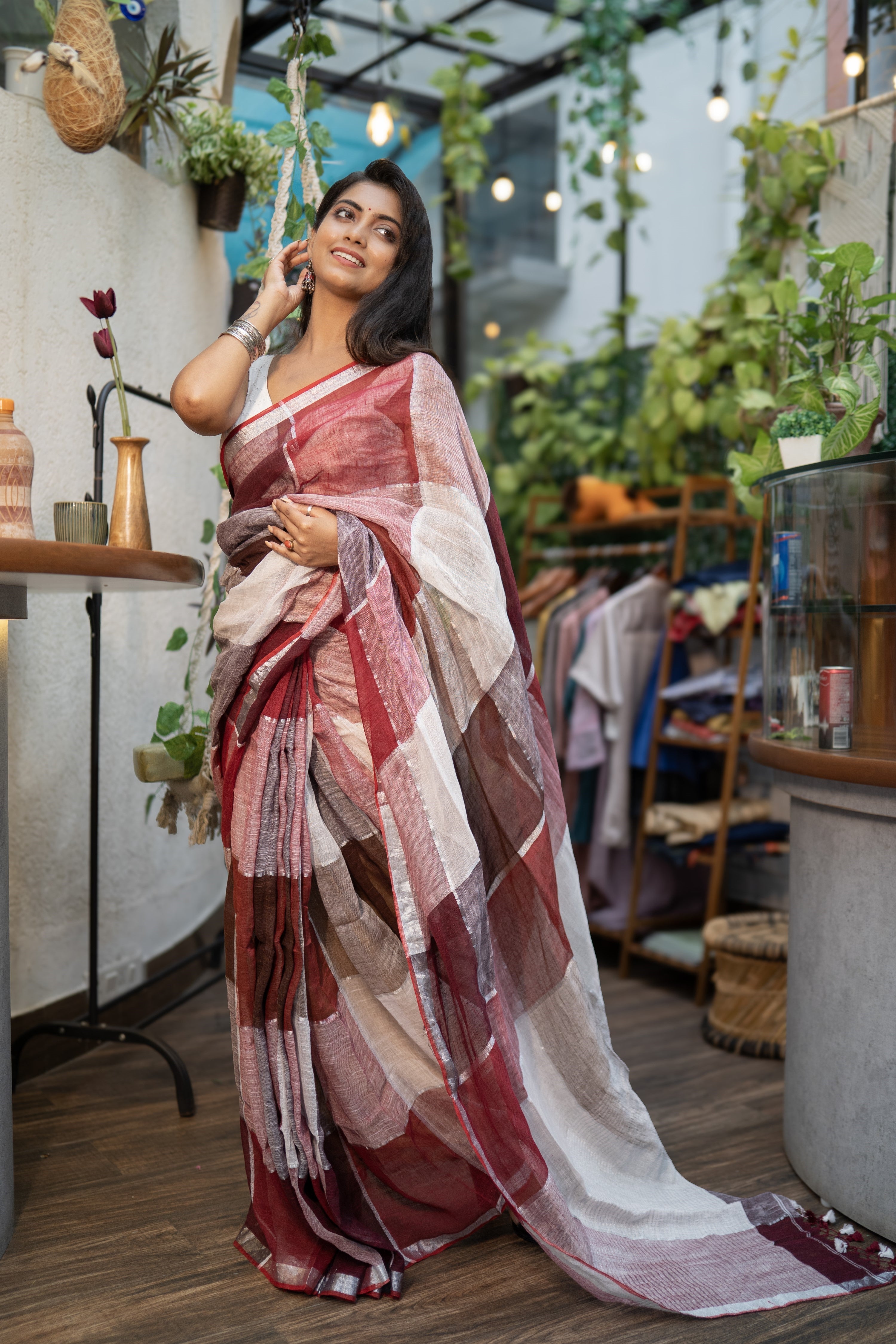 Maroon & red zari check linen saree