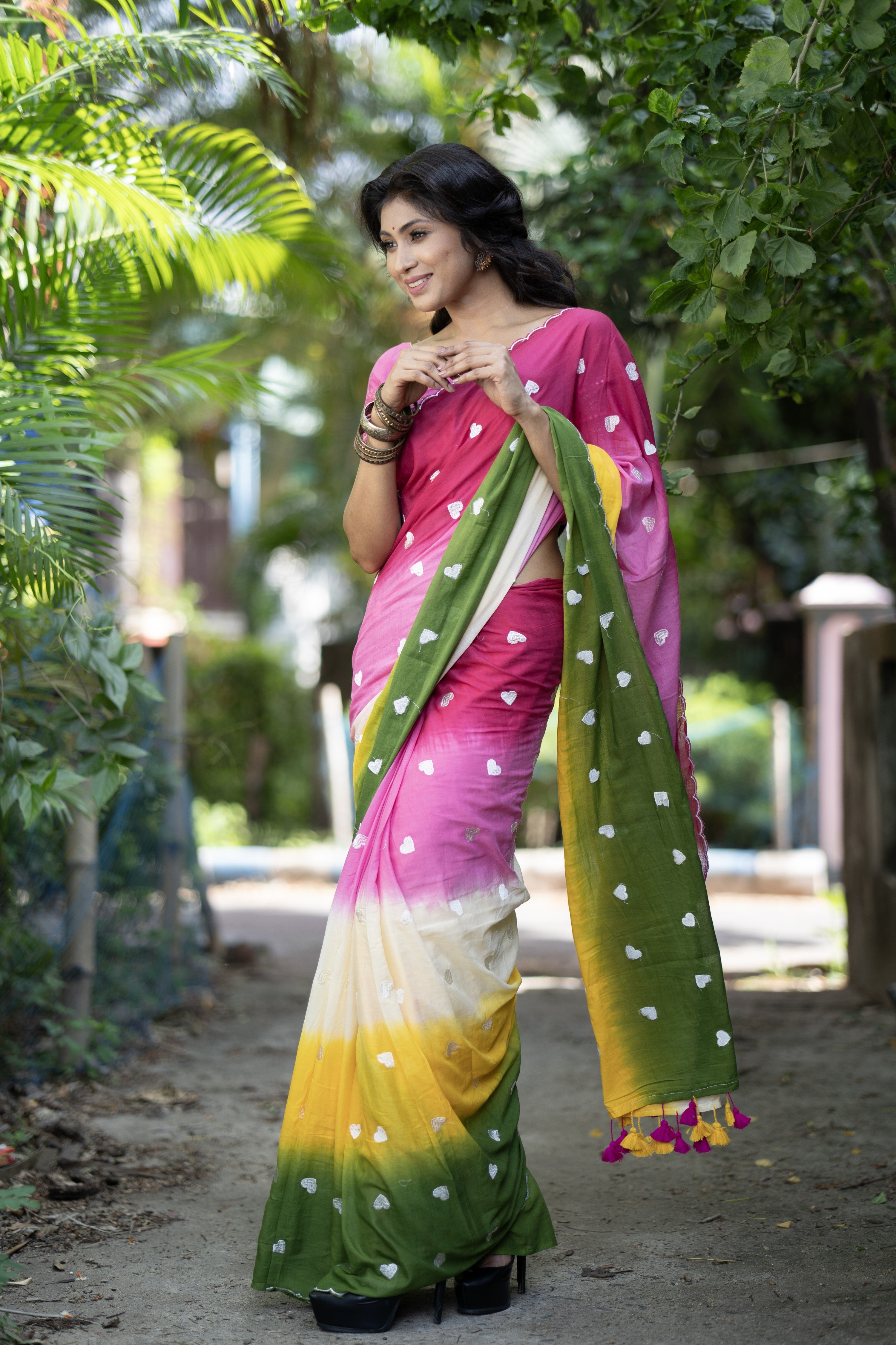 Multicolor Love Embroidery Mul Mul Cotton Saree with blouse piece