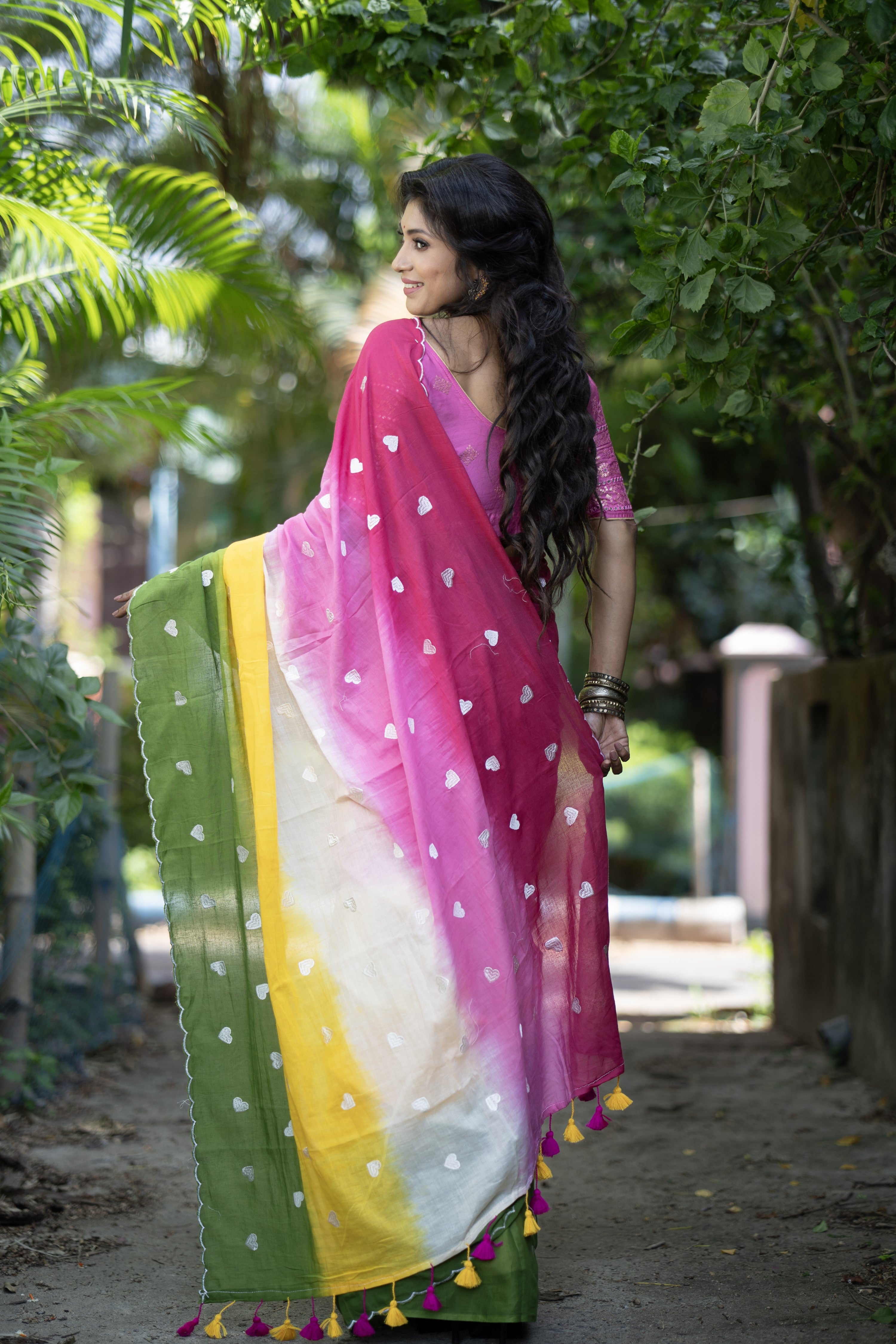Multicolor Love Embroidery Mul Mul Cotton Saree with blouse piece