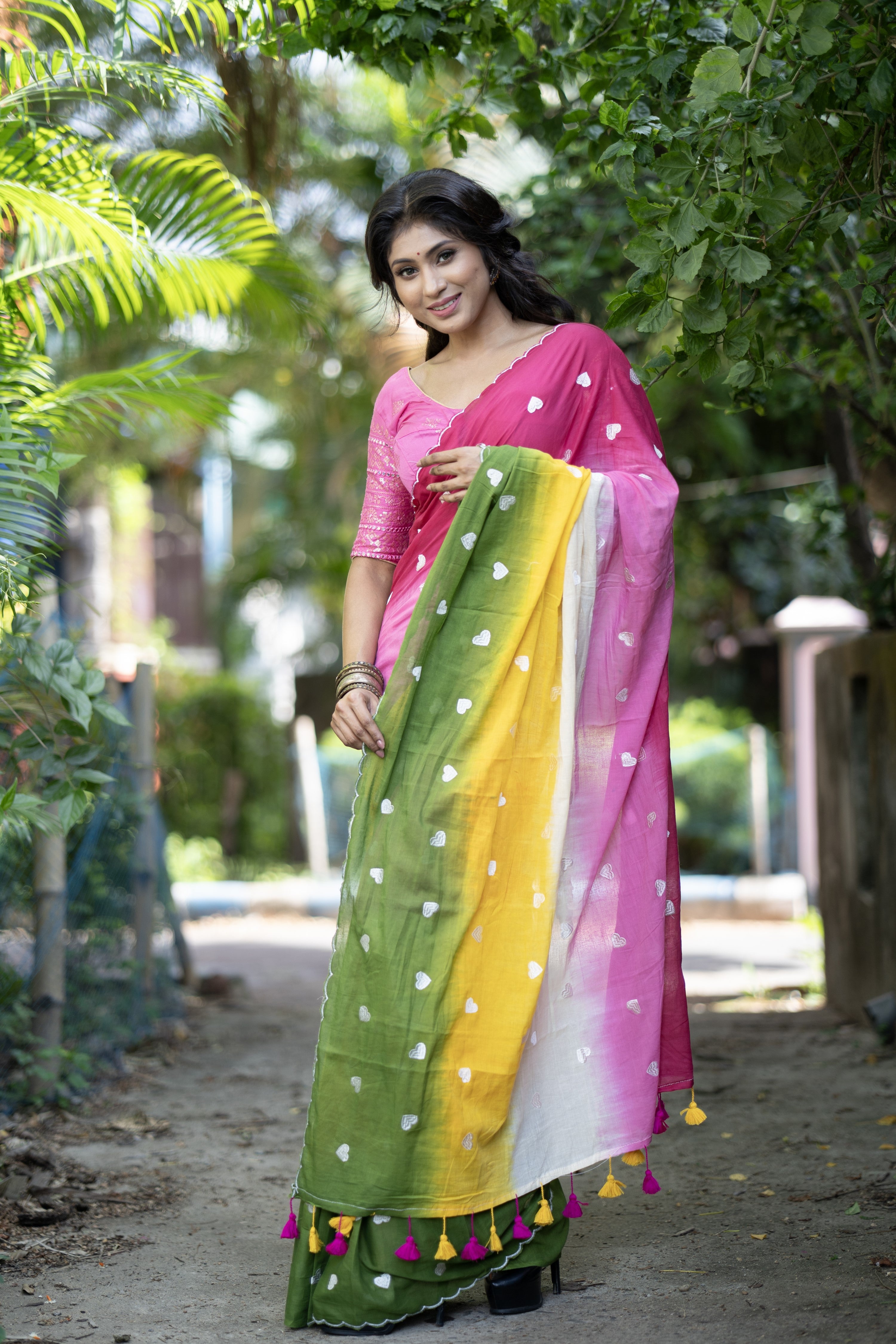 Multicolor Love Embroidery Mul Mul Cotton Saree with blouse piece