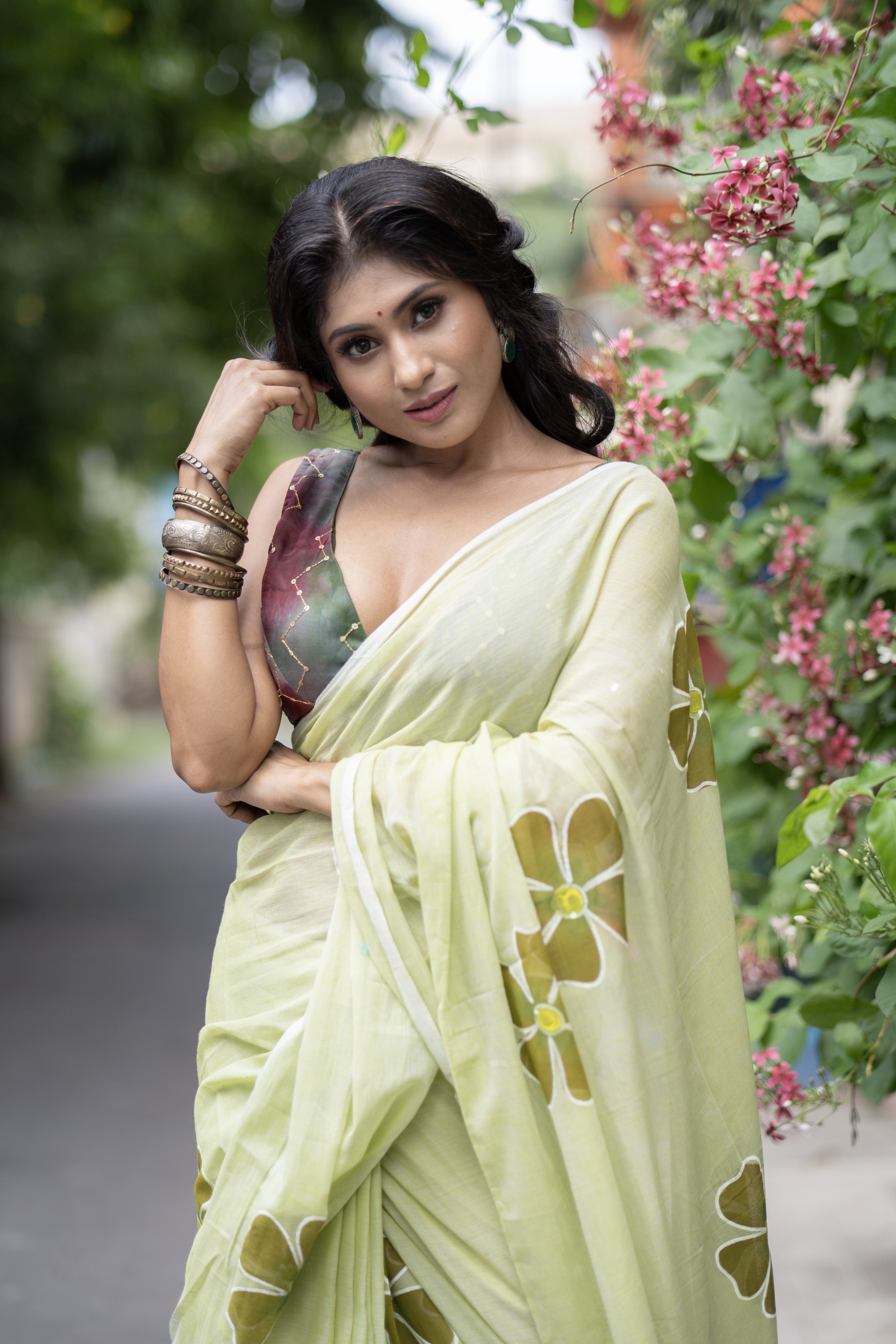 Pastel green Hand-Printed Floral Mulmul Cotton Saree