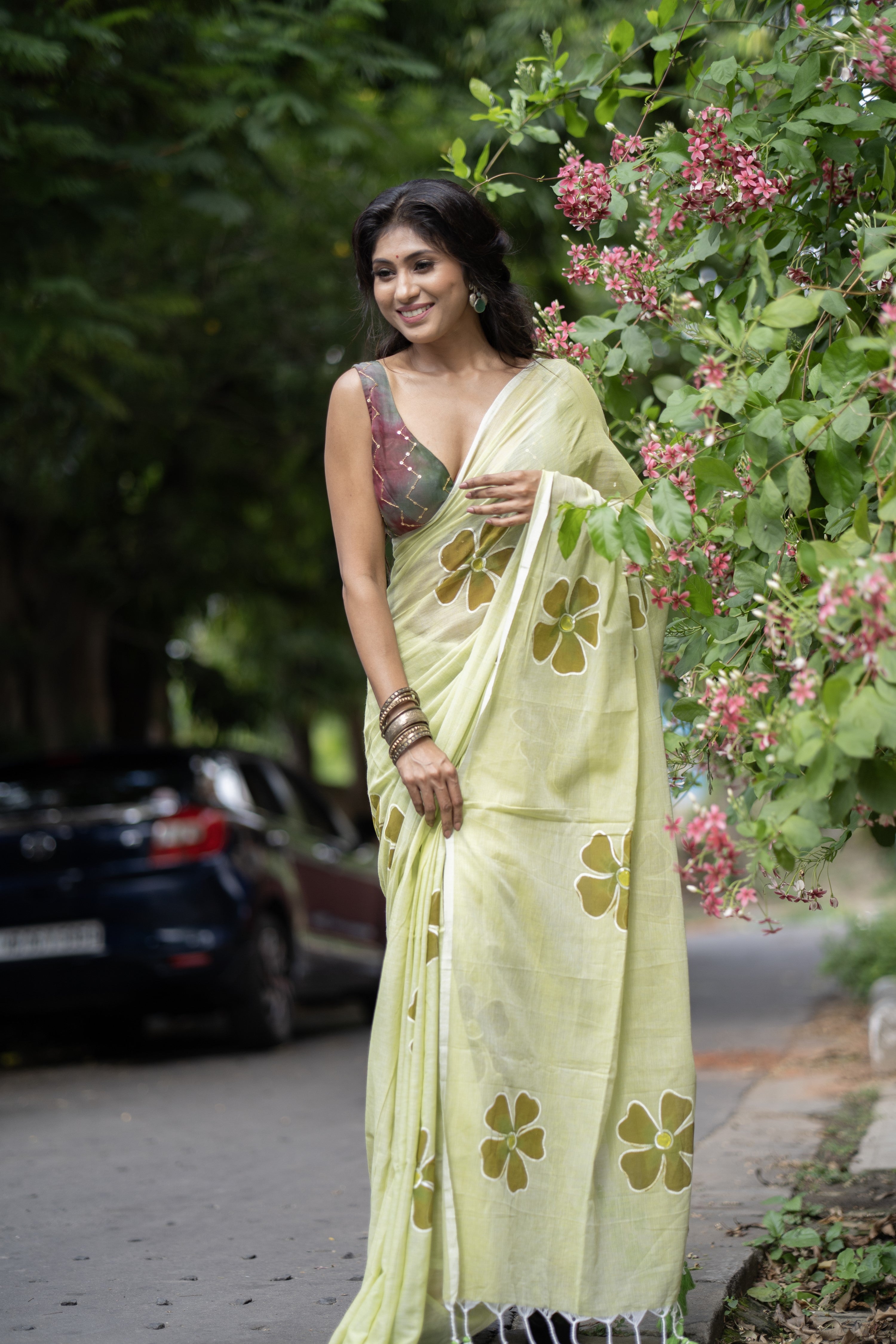 Pastel green Hand-Printed Floral Mulmul Cotton Saree