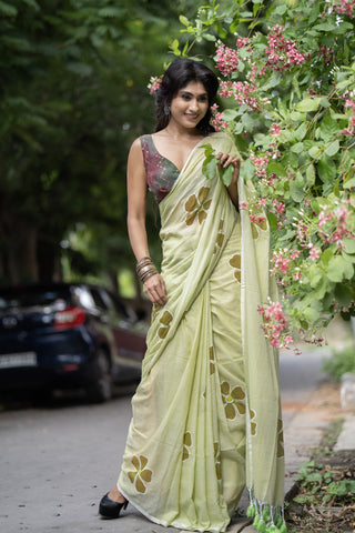 Pastel green Hand Printed Floral Mulmul Cotton Saree