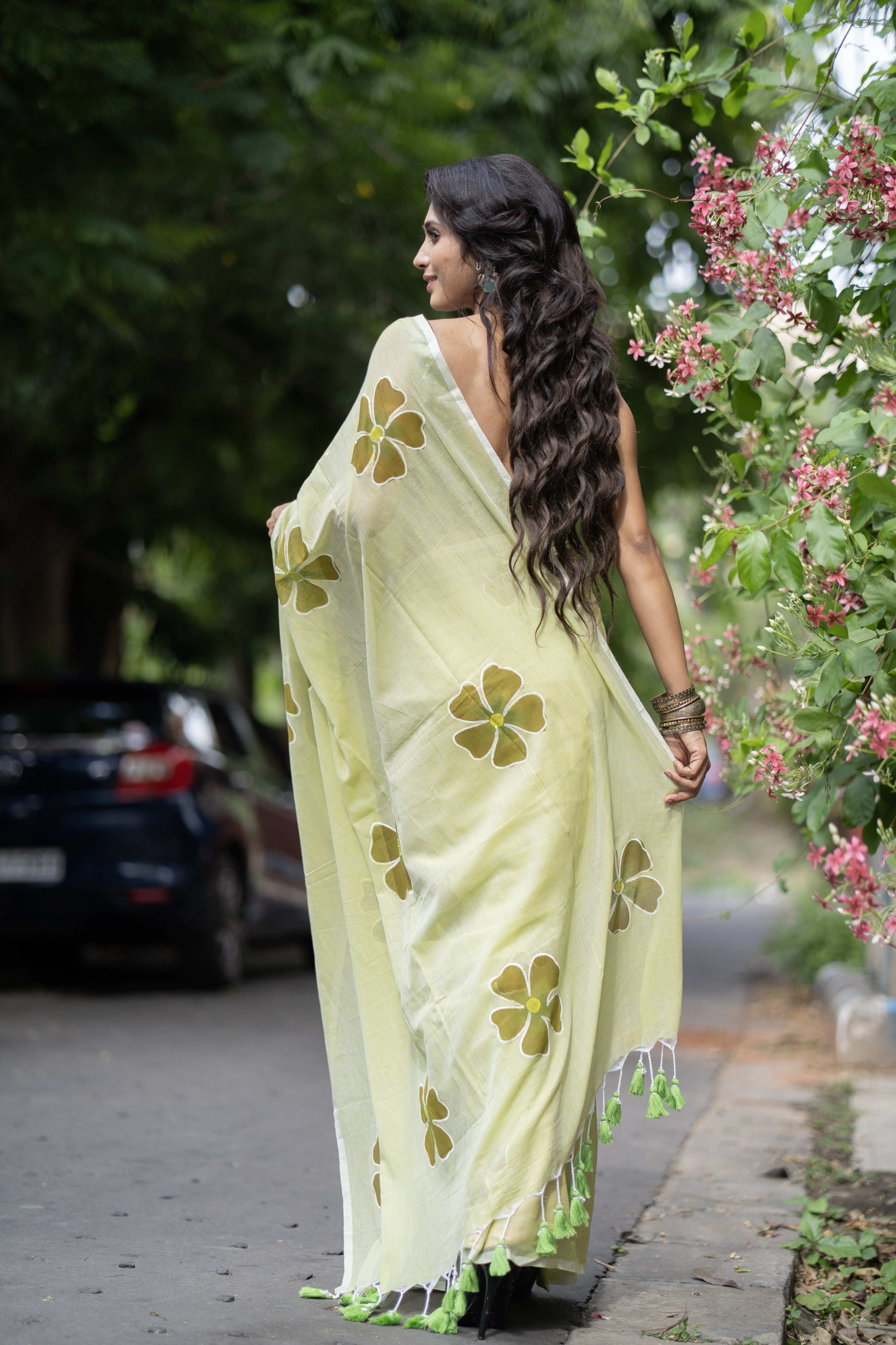 Pastel green Hand-Printed Floral Mulmul Cotton Saree