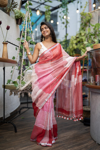 Pink & Red zari check linen saree with blouse piece