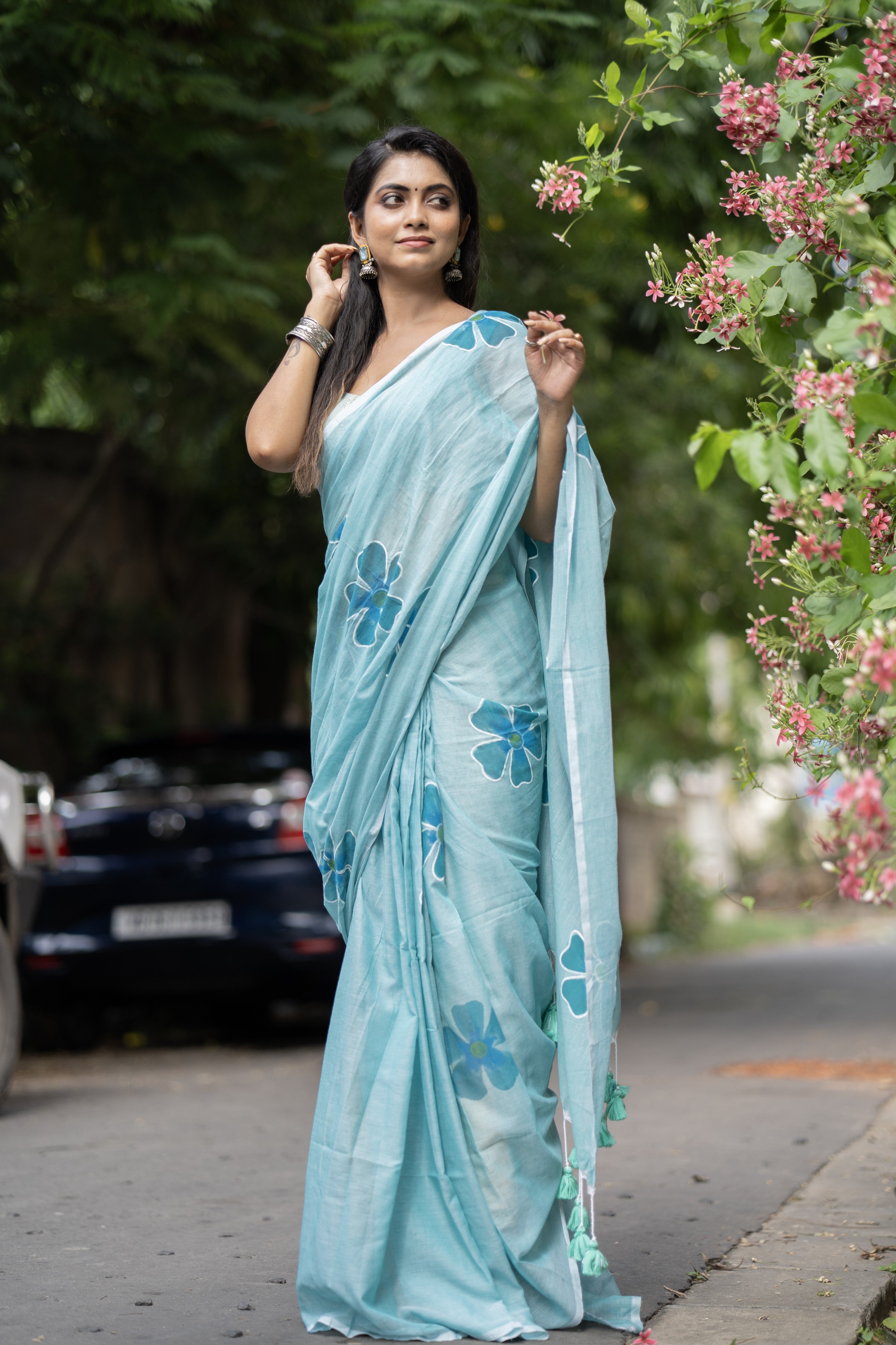 Sky blue Hand-Printed Floral Mulmul Cotton Saree