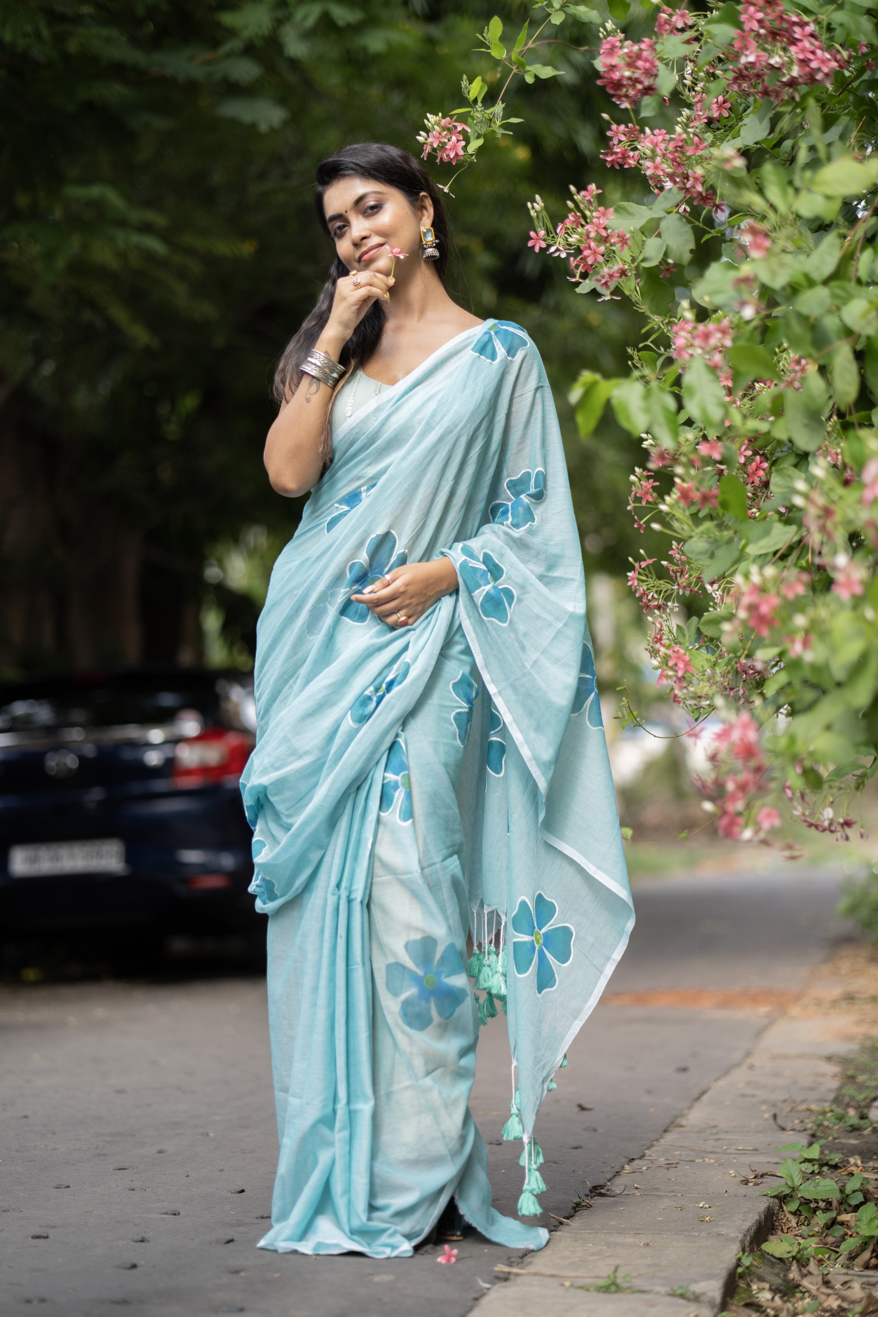 Sky blue Hand-Printed Floral Mulmul Cotton Saree
