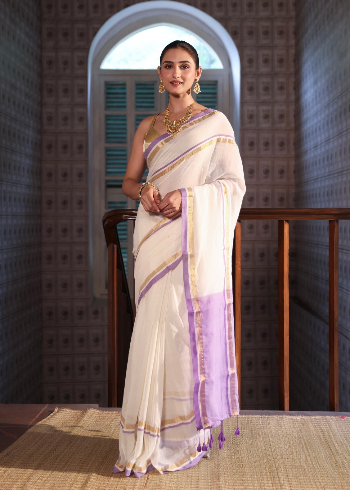 Off White Mul Mul Cotton Saree With purple & golden Border