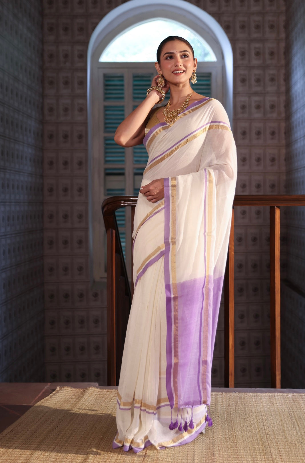 Off White Mul Mul Cotton Saree With purple & golden Border