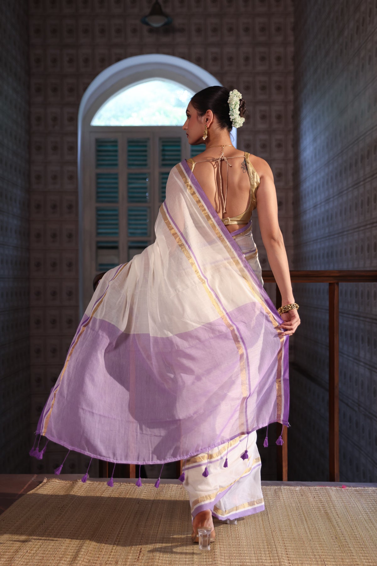 Off White Mul Mul Cotton Saree With purple & golden Border