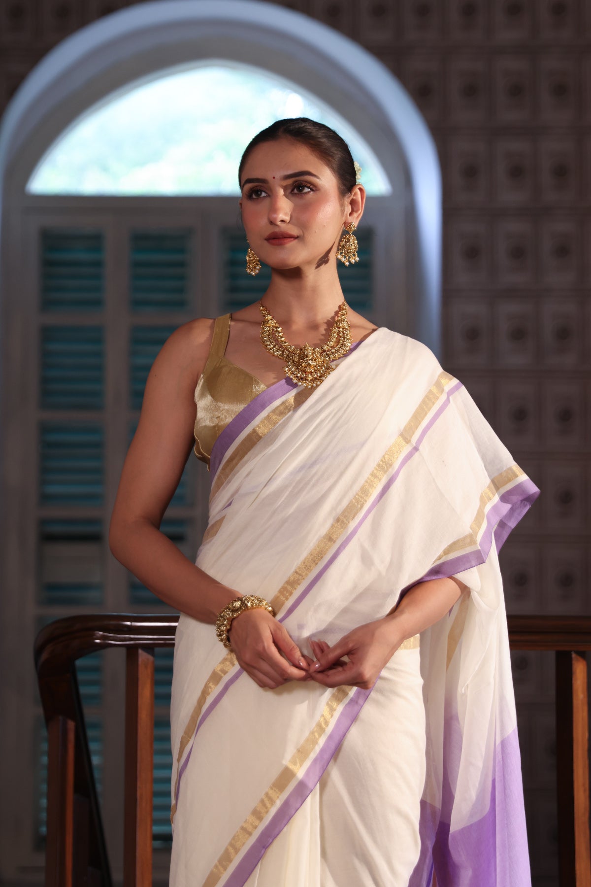 Off White Mul Mul Cotton Saree With purple & golden Border