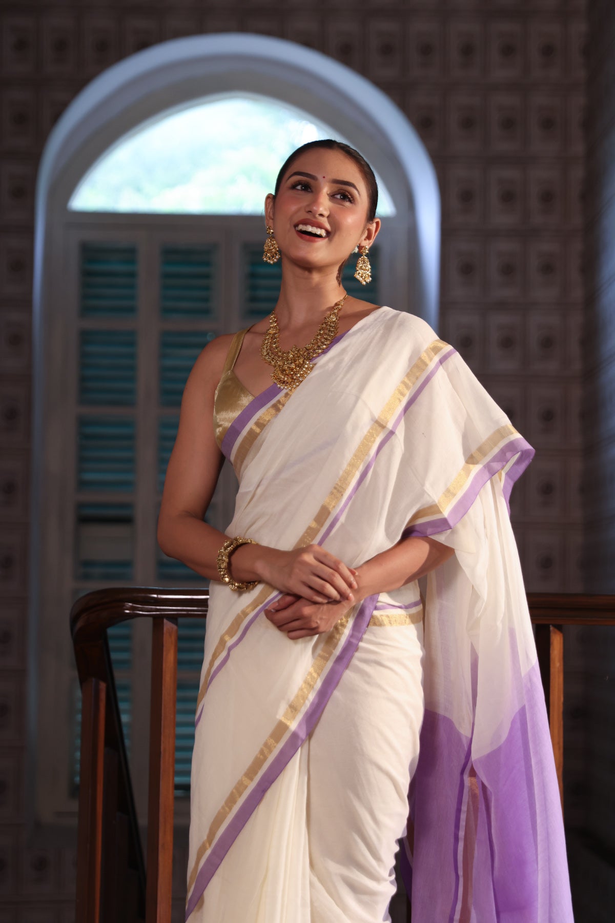 Off White Mul Mul Cotton Saree With purple & golden Border
