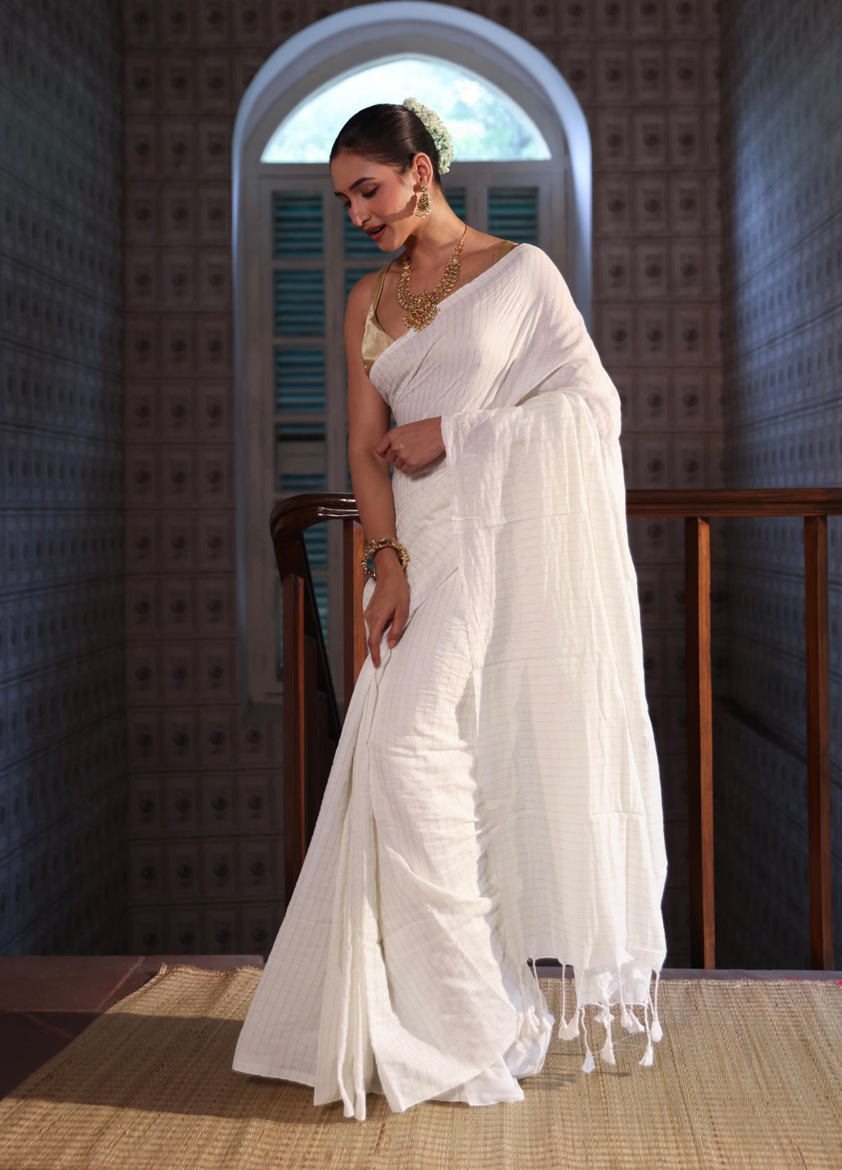White Khadi Cotton Golden Striped Saree with blouse piece