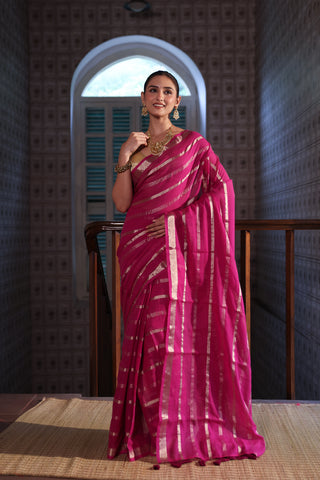 Magenta Golden stripes Mulmul Cotton Saree