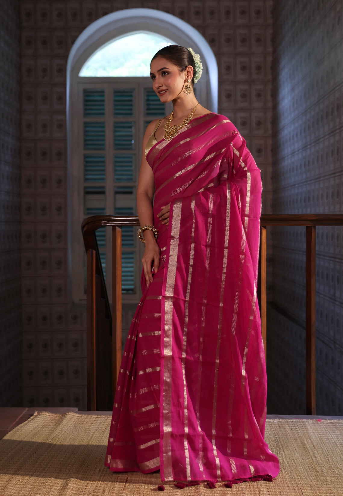 Magenta Golden stripes Mulmul Cotton Saree