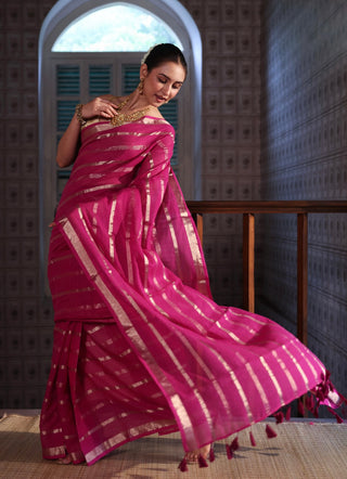 Magenta Golden stripes Mulmul Cotton Saree