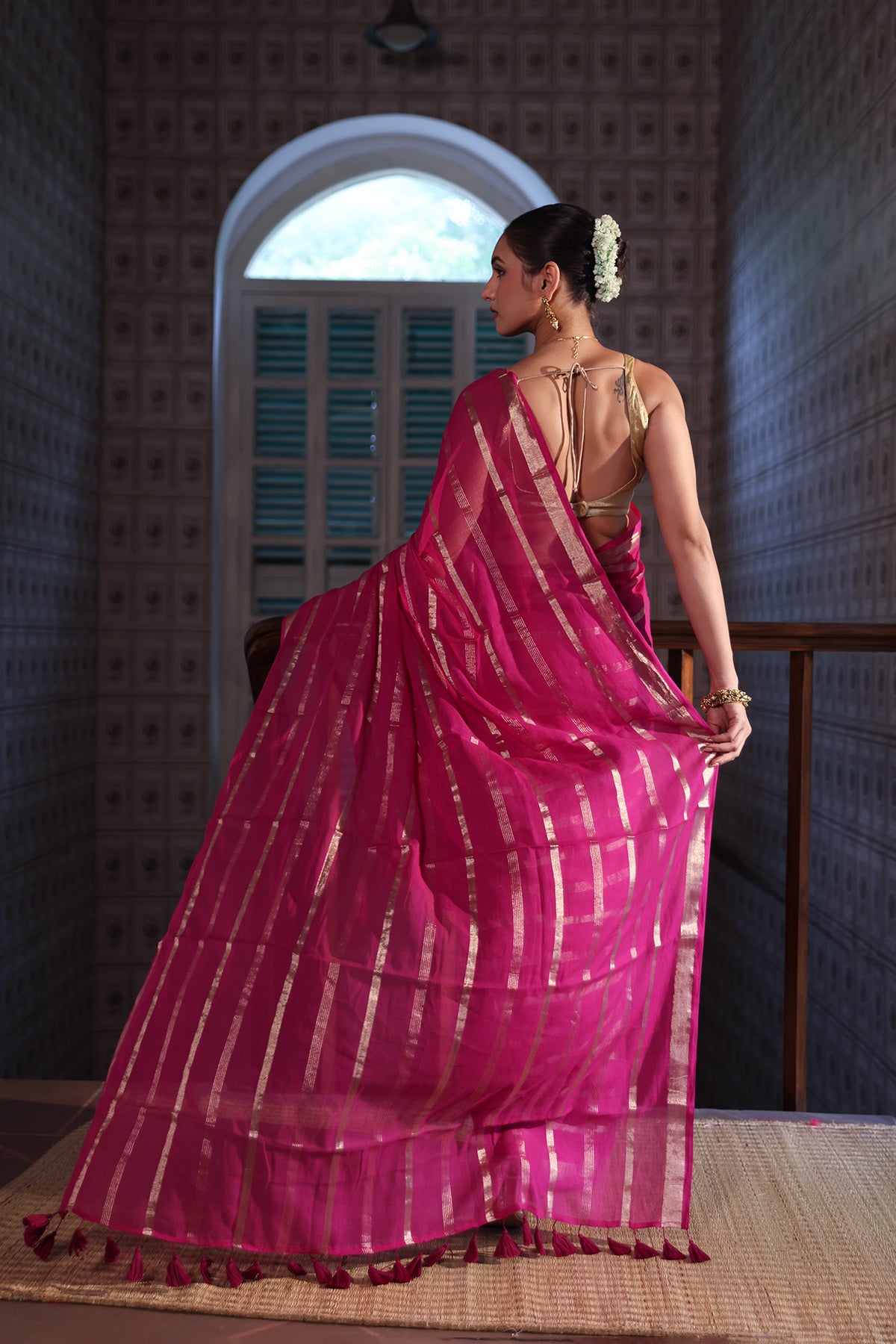 Magenta Golden stripes Mulmul Cotton Saree