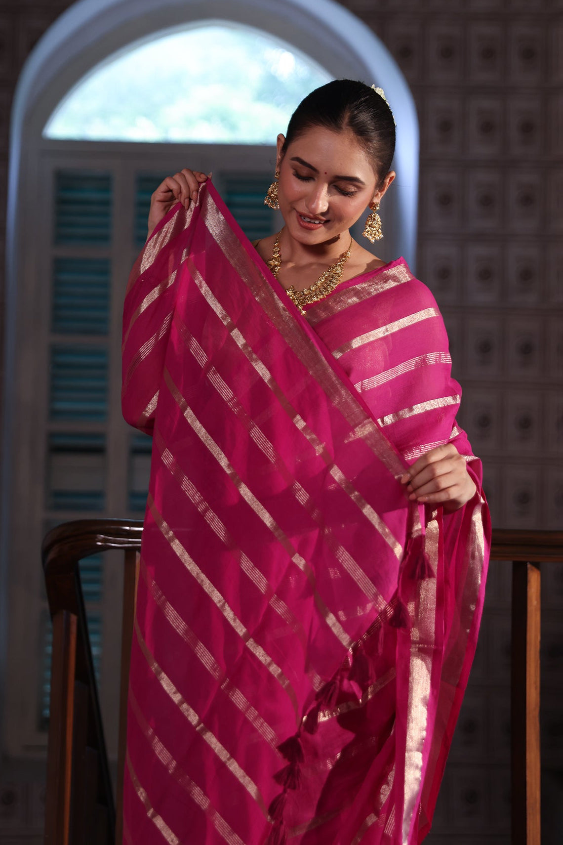 Magenta Golden stripes Mulmul Cotton Saree