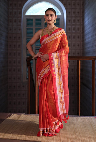 Orange & Pink Golden Dual Tone Tissue Mulmul Cotton Saree