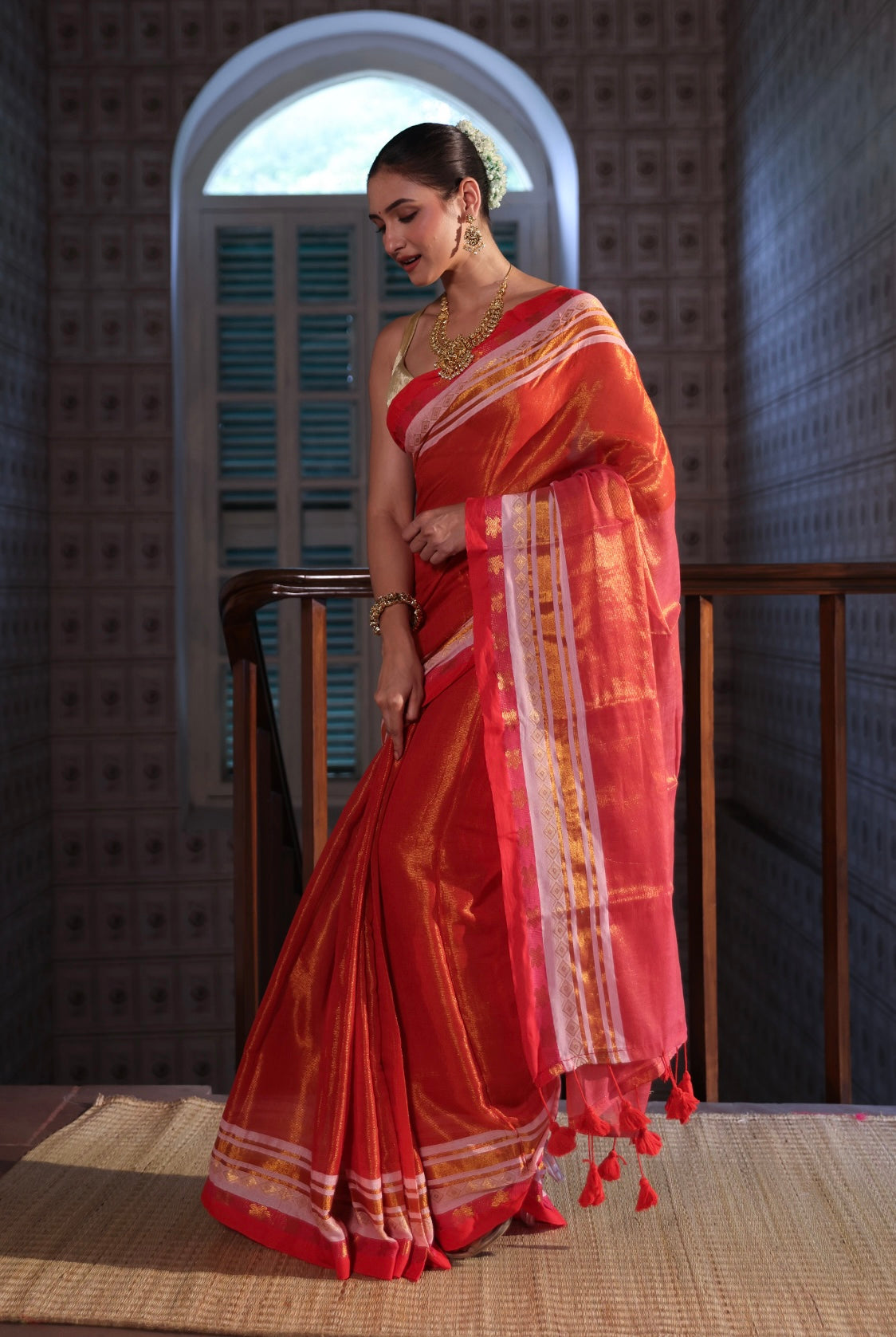 Orange & Pink Golden Dual Tone Tissue Mulmul Cotton Saree